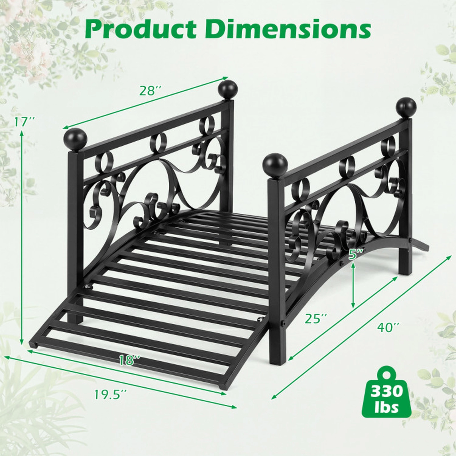 SUGIFT 40-in Arched Garden Metal Bridge Yard Art with Dual Patterned Side Rails 330-lb Capacity Black Metal 1-Piece