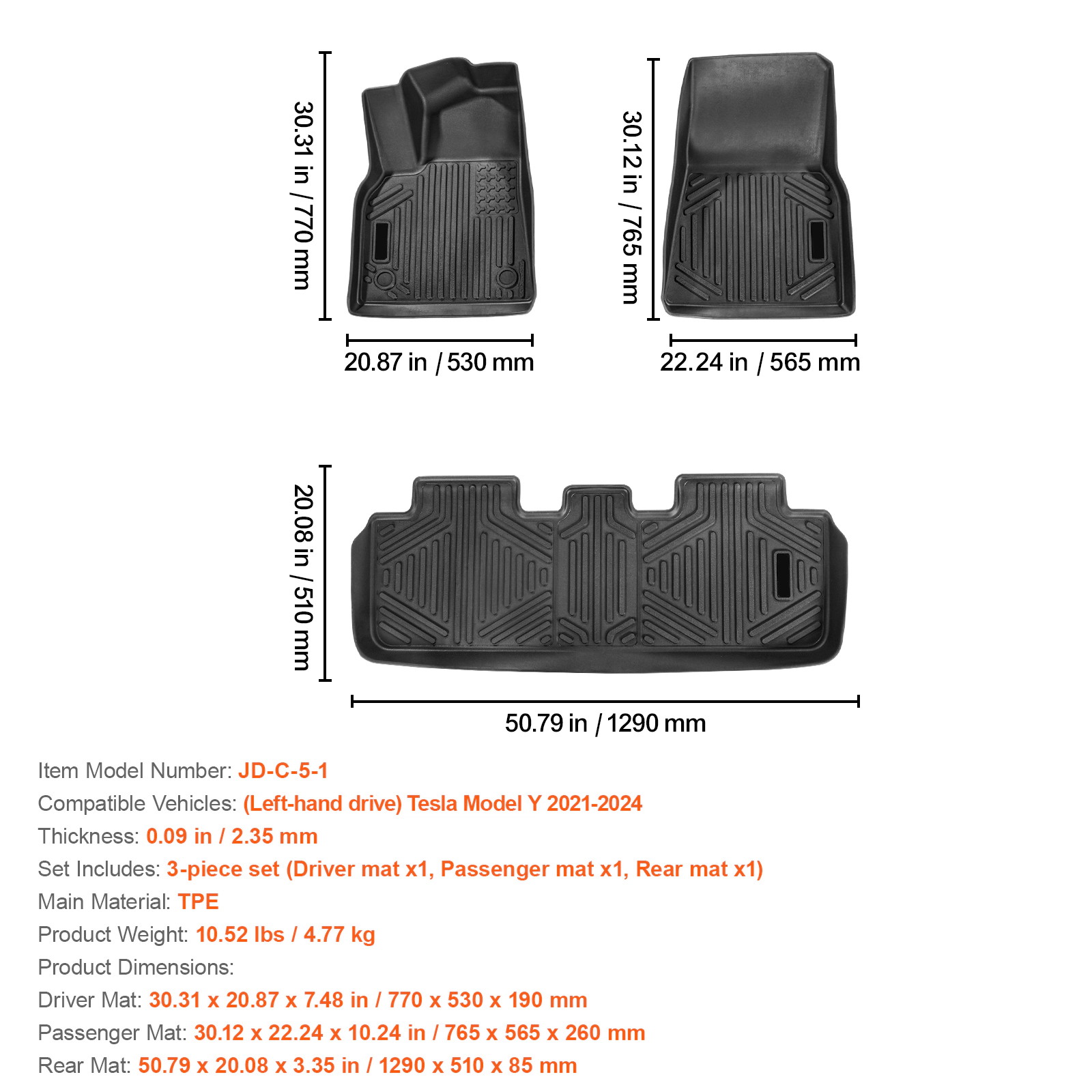 HONGGE All-Weather TPE Car Floor Mats for Tesla Model Y 2021-2024, 3-Piece Front & Rear Liner Set