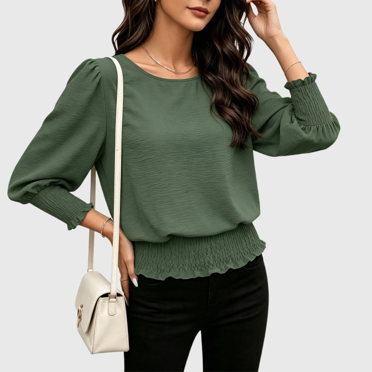 YesFashion Women's Smocked Waist Blouse Long Puff Sleeve Round Neck Casual Daily Top