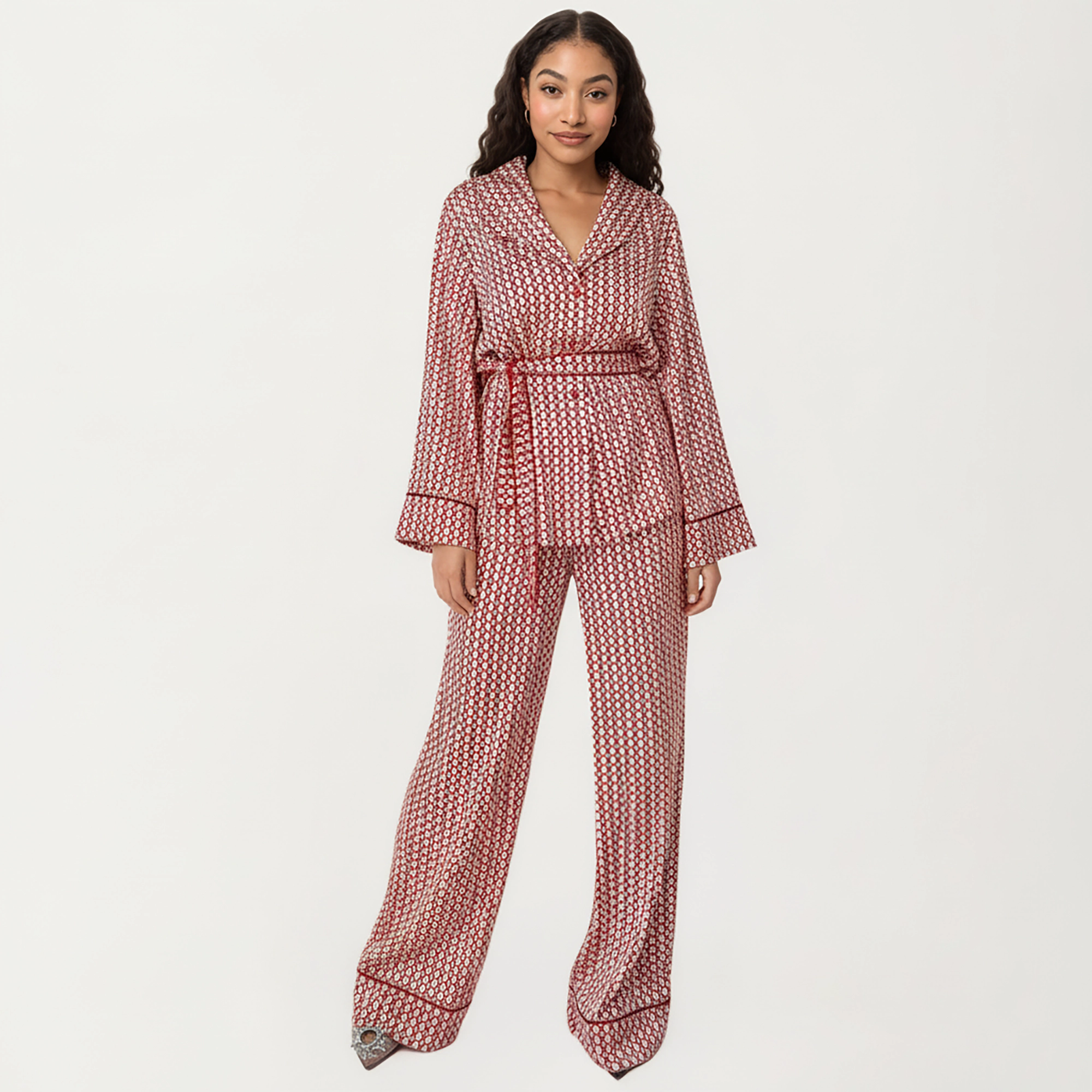 Anna-Kaci Women's Printed Satin Pajama Set Long Sleeve Wrap Top Self-Tie Waist and Full-Length Relaxed Fit Lounge Pants