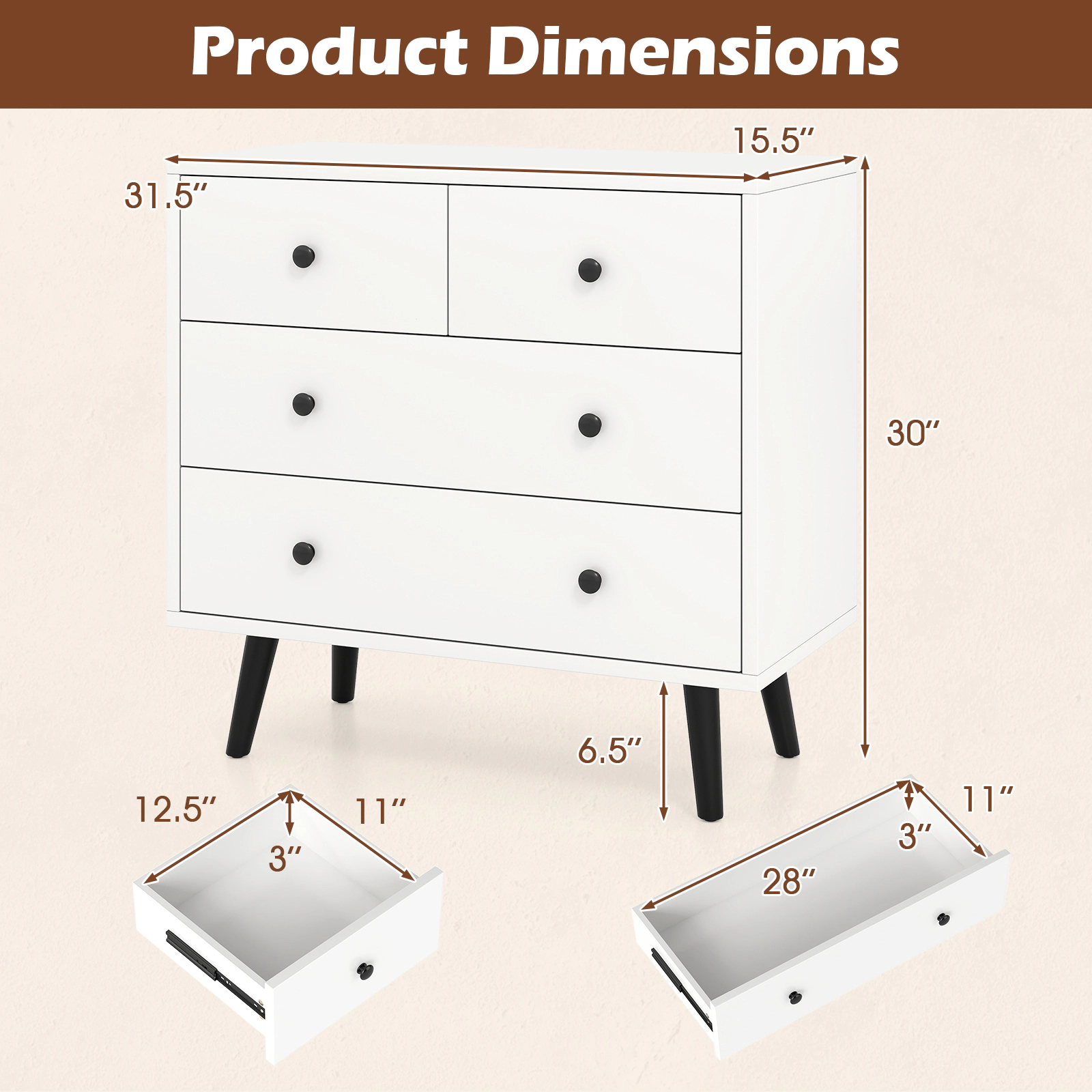 SUGIFT 4-Drawer Freestanding Dresser Chest of Drawers Sideboard Cabinet 110-lb Top Capacity 32-in Tall White