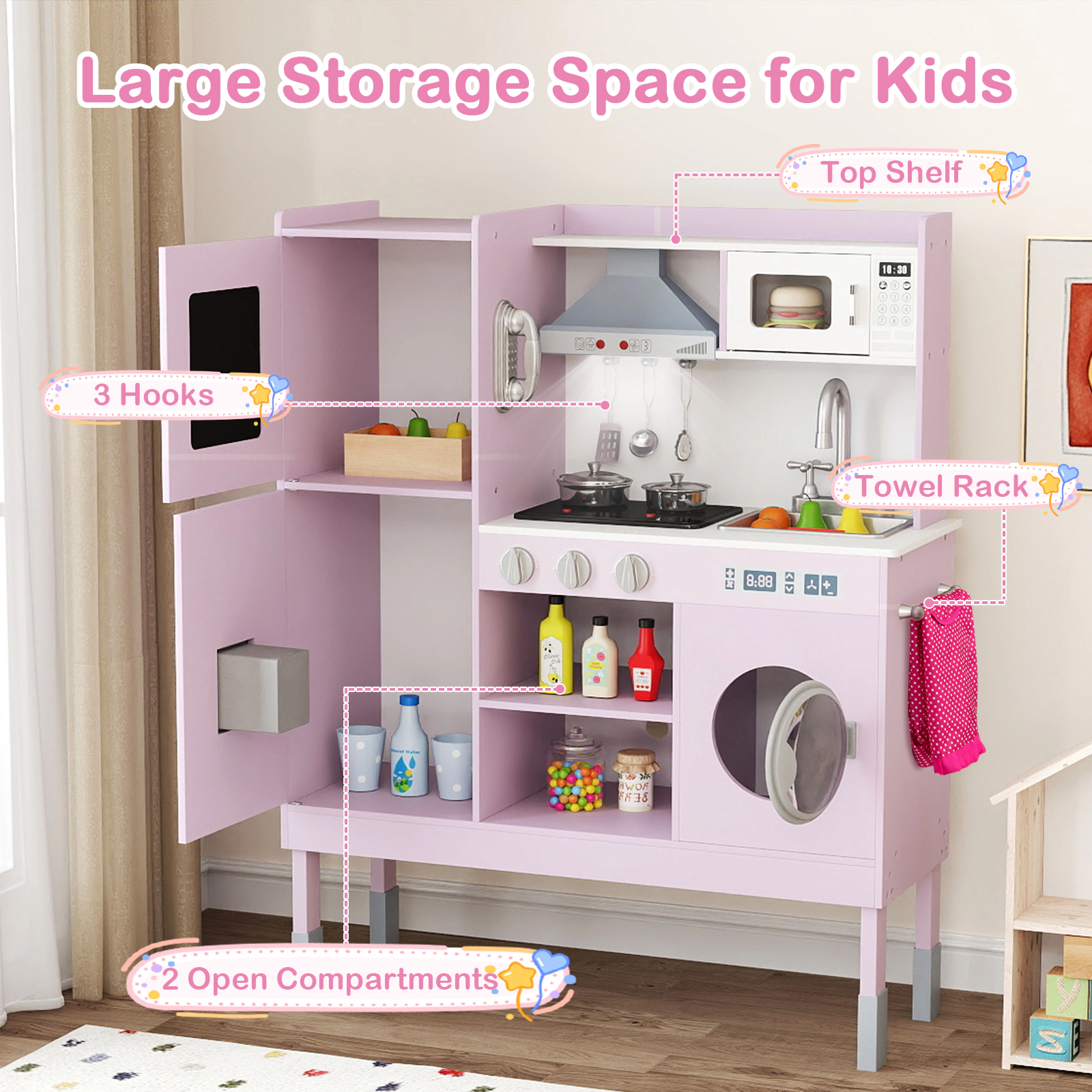 Pretend Play Kitchen 3-Position Adjustable Height Range Hood Ice Maker Telephone 32.5-in x 11.5-in x 40.5-in Pink