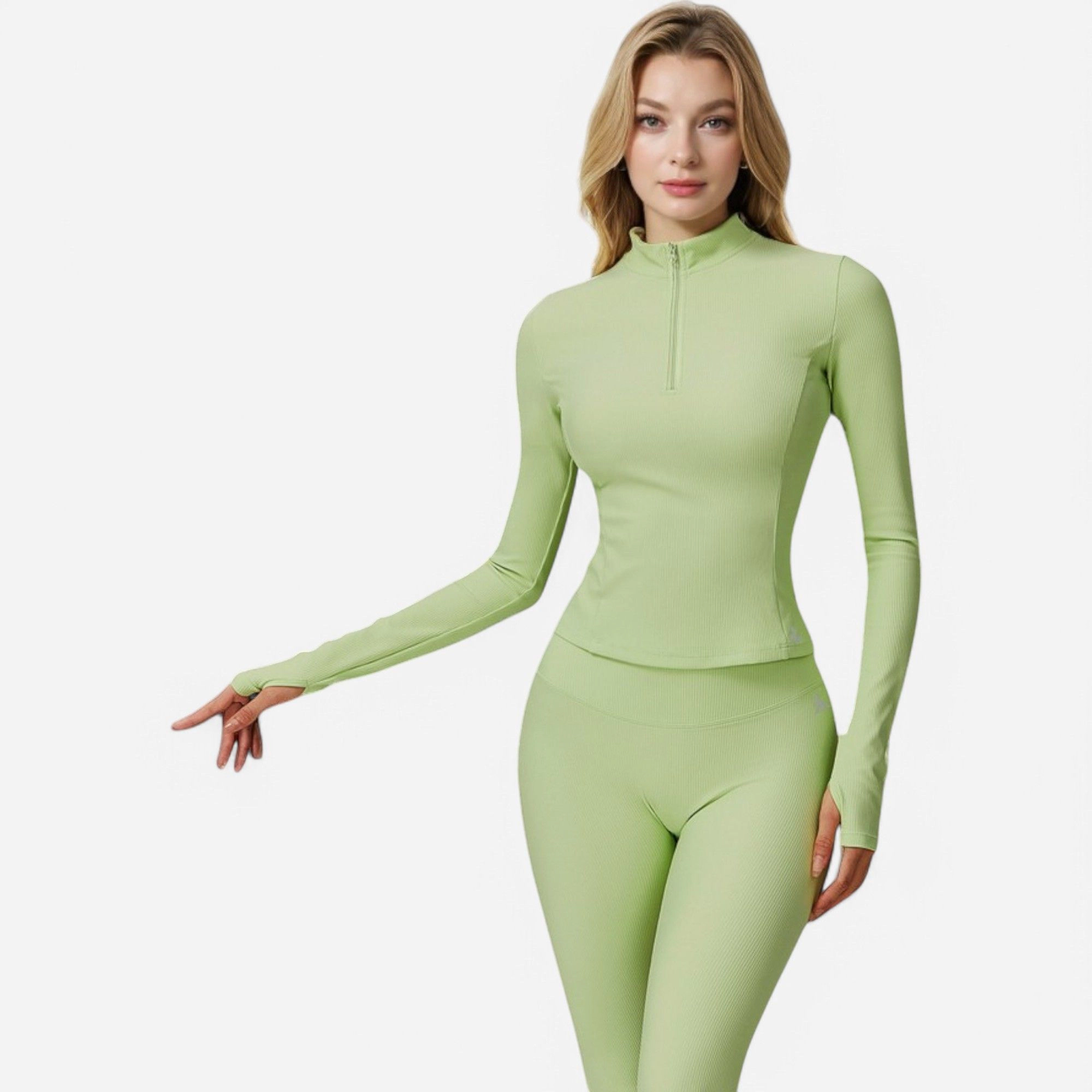 Anna-Kaci Women's Long Sleeve Fitted Ribbed Knit Top with Zip Collar and Thumbhole Cuffs