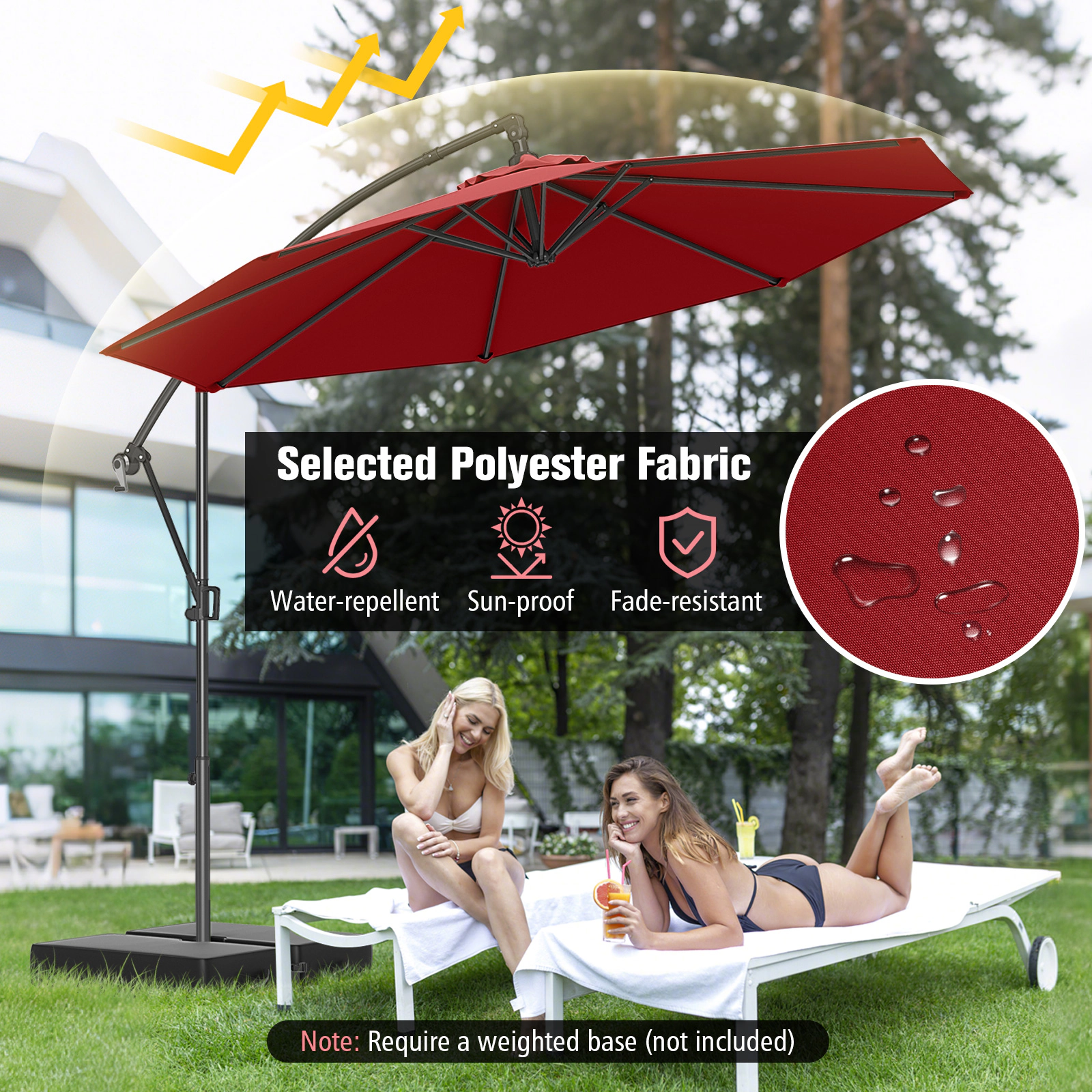 SUGIFT 10-ft Wine Offset Hanging Patio Umbrella with Base Infinite Tilt 8 Metal Ribs and Vented Canopy