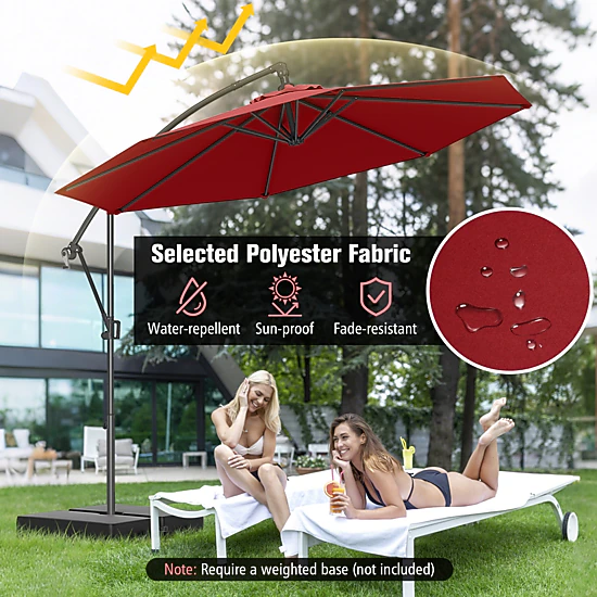 SUGIFT 10-ft Wine Offset Hanging Patio Umbrella with Base Infinite Tilt 8 Metal Ribs and Vented Canopy