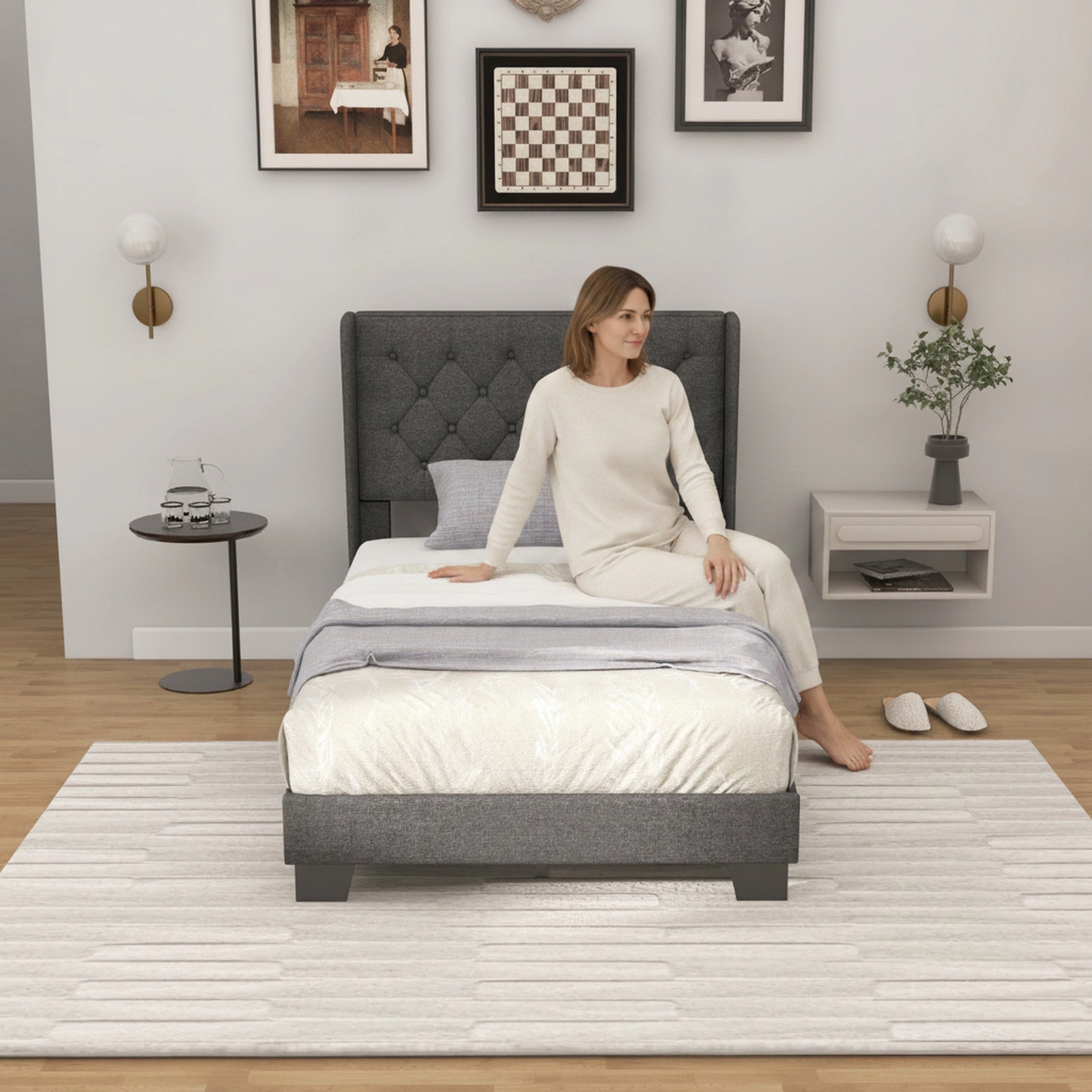 SUGIFT Twin Upholstered Platform Bed, Gray Fabric, Button-Tufted Headboard