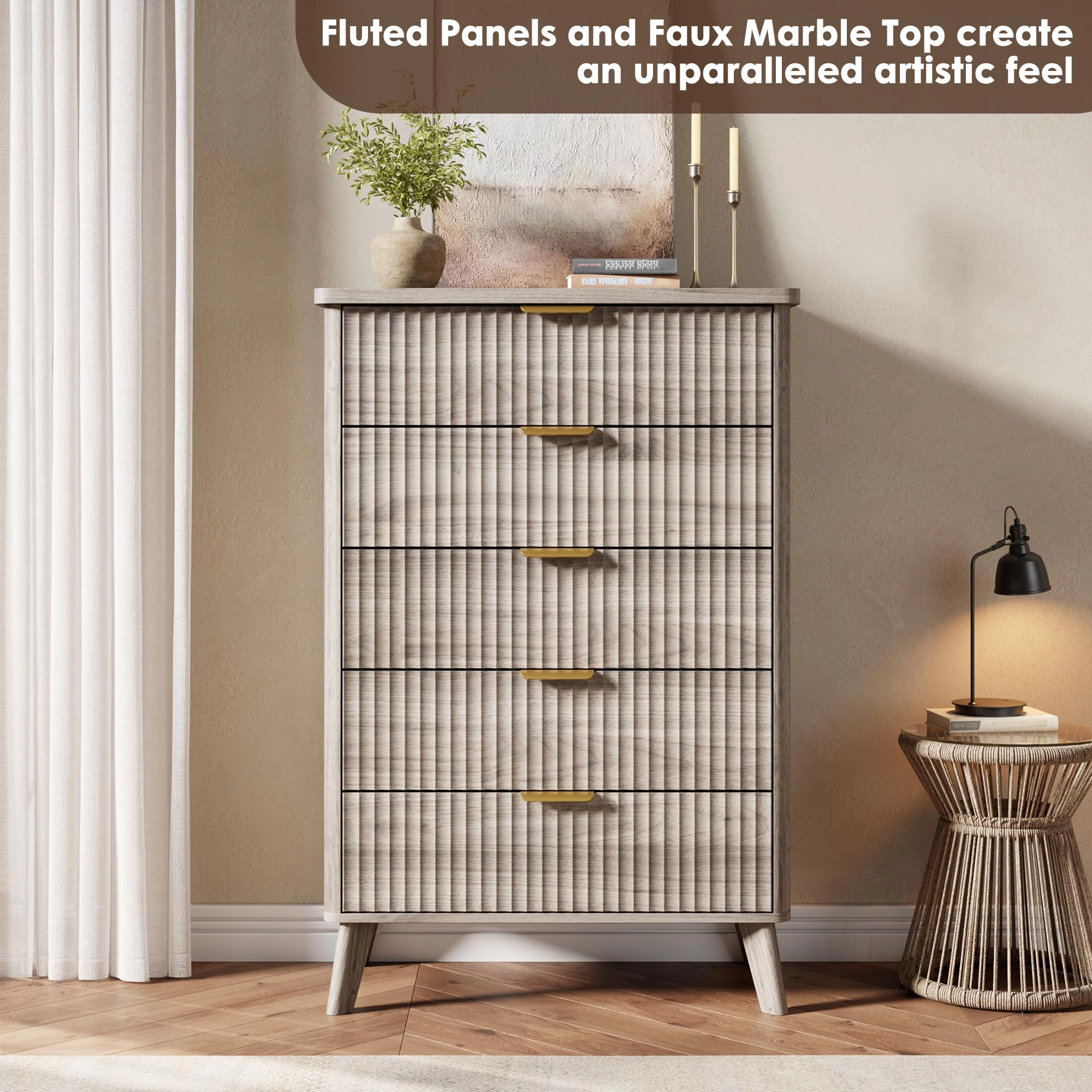 Fluted 5 Drawer Dresser, Curved Profile Design 47.2" Tall Wooden Chest for Bedroom Living Room Hallway
