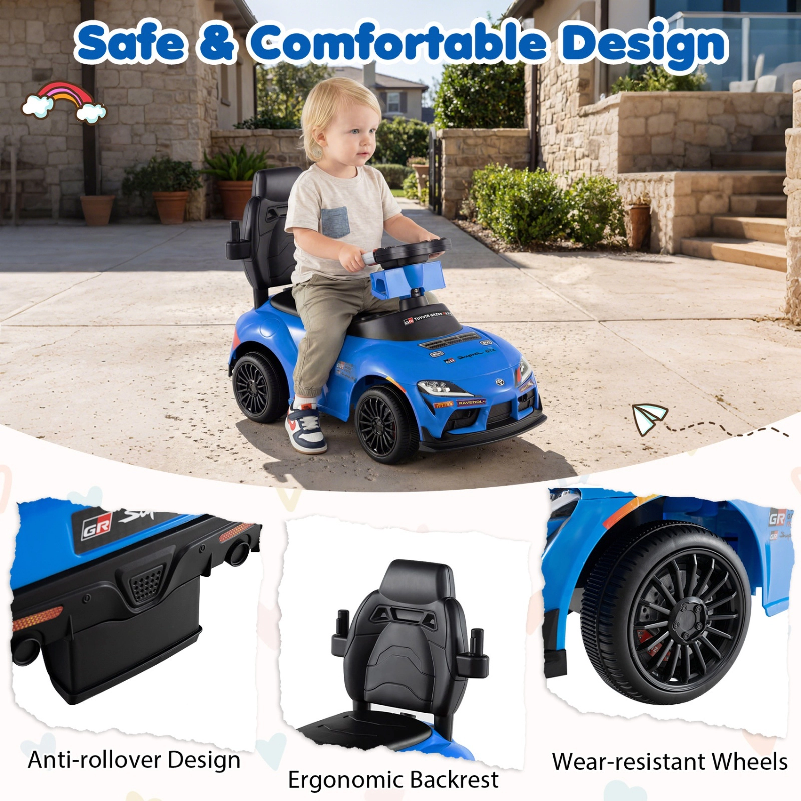 3-in-1 Toddler Push Car Parent Handle Guardrail Anti-Tip Kit One-Click Mode Switch Ages 1.5-5 Blue Ride On Toy