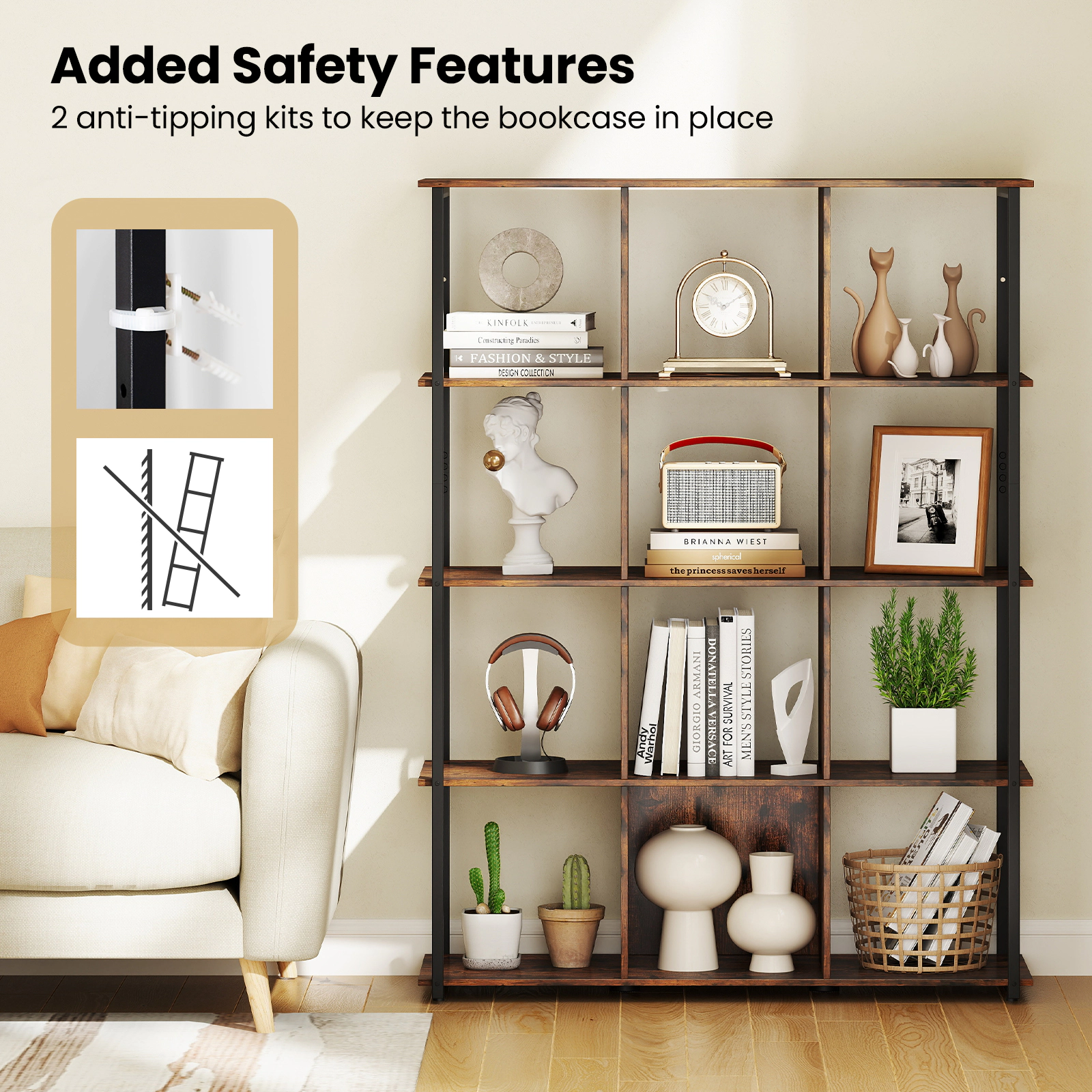 SUGIFT 12-Cube Rustic Brown 57-in Tall Cube Storage Organizer Bookshelf with 2 Anti-Tipping Kits