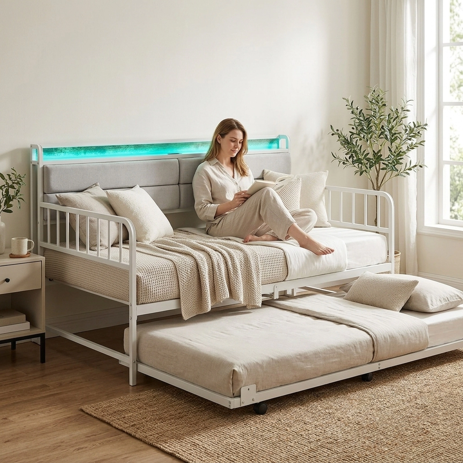 SUGIFT Twin Metal Daybed with Trundle, Charging Station and LED Lights, White