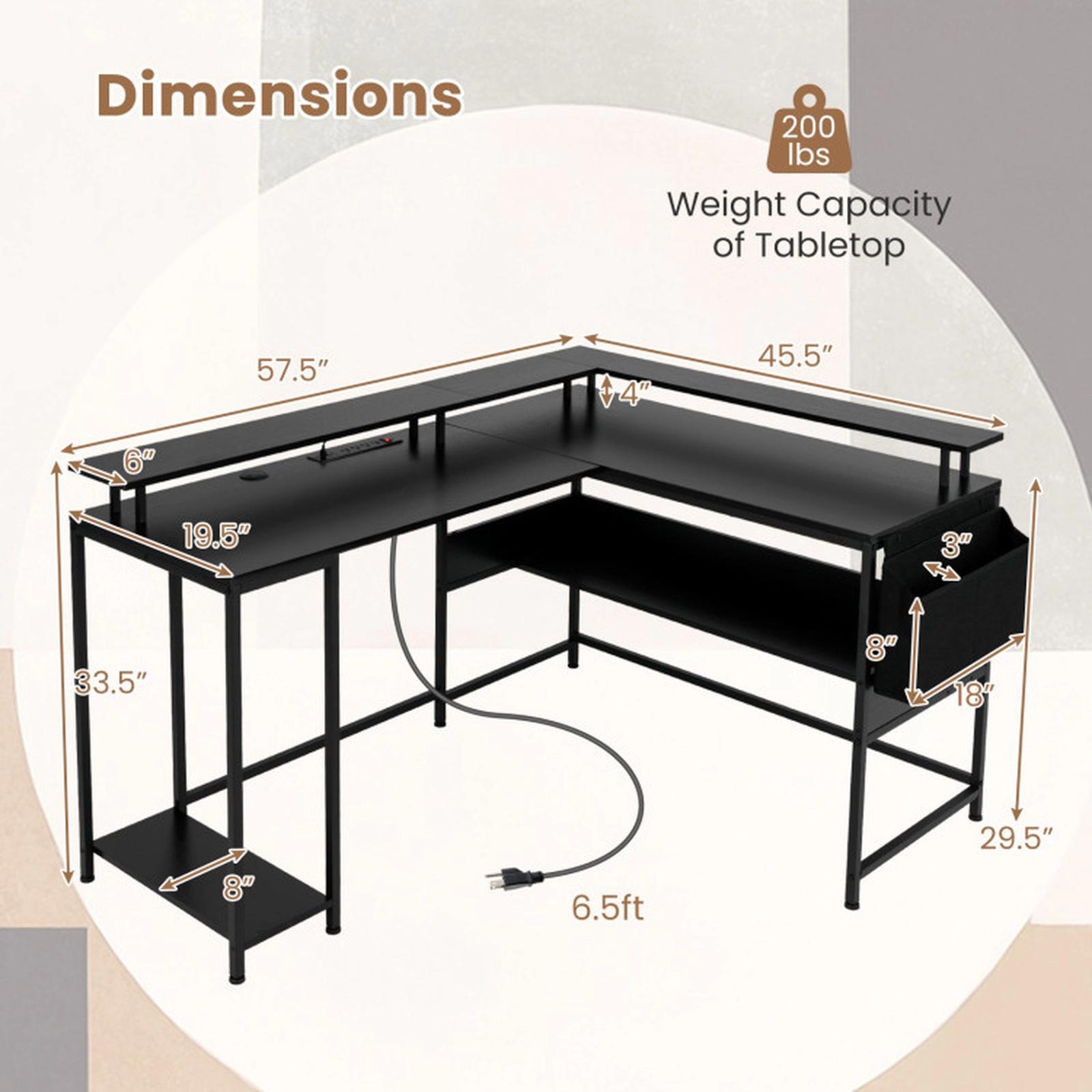 SUGIFT 200-lb Capacity Black L-Shaped Gaming Desk with RGB LED Lights Power Outlets and Storage Bag
