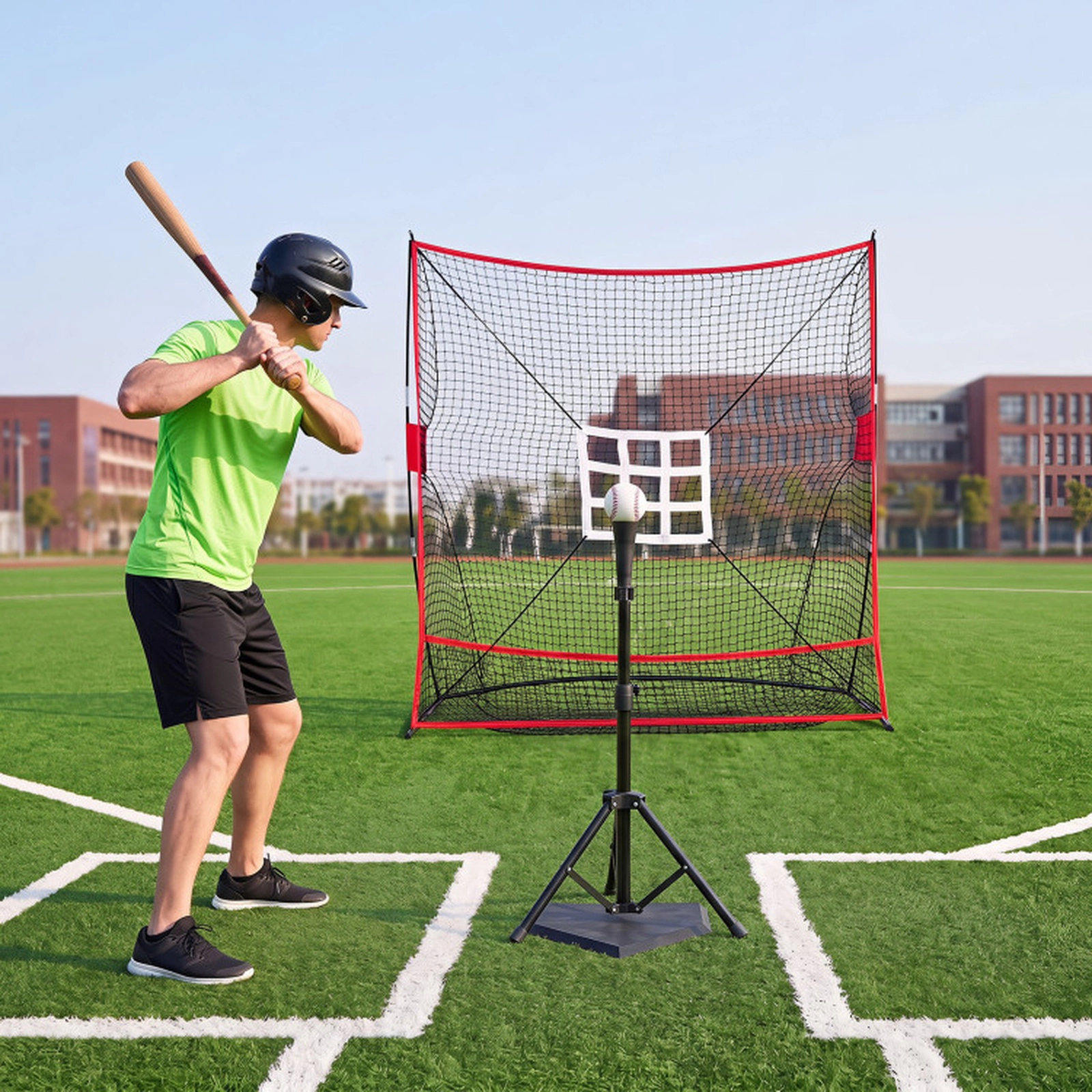 SUGIFT Black Baseball Practice Net with 2 Strike Zone Targets and Ball Collection Base 7-ft W 3-ft D 7.4-ft H