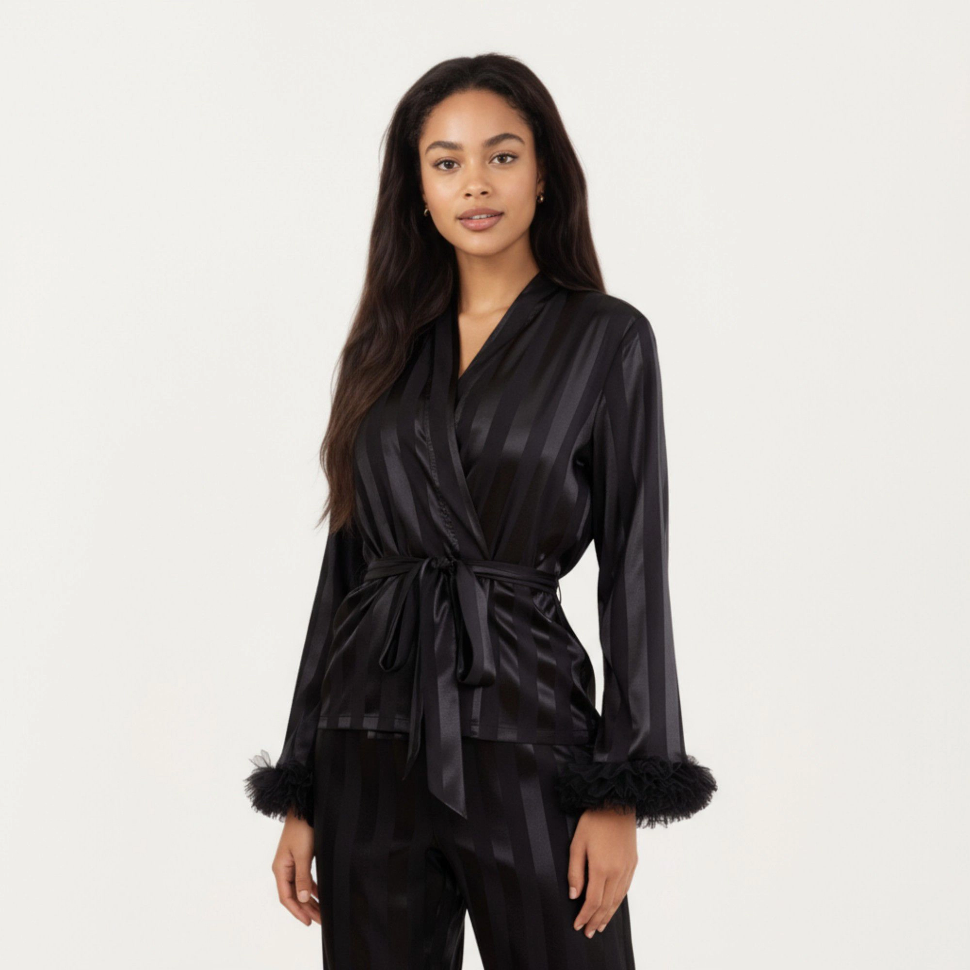 Anna-Kaci Women's 2-Piece Satin Wrap Long Sleeve Feather Trim Top and Straight Leg Pants
