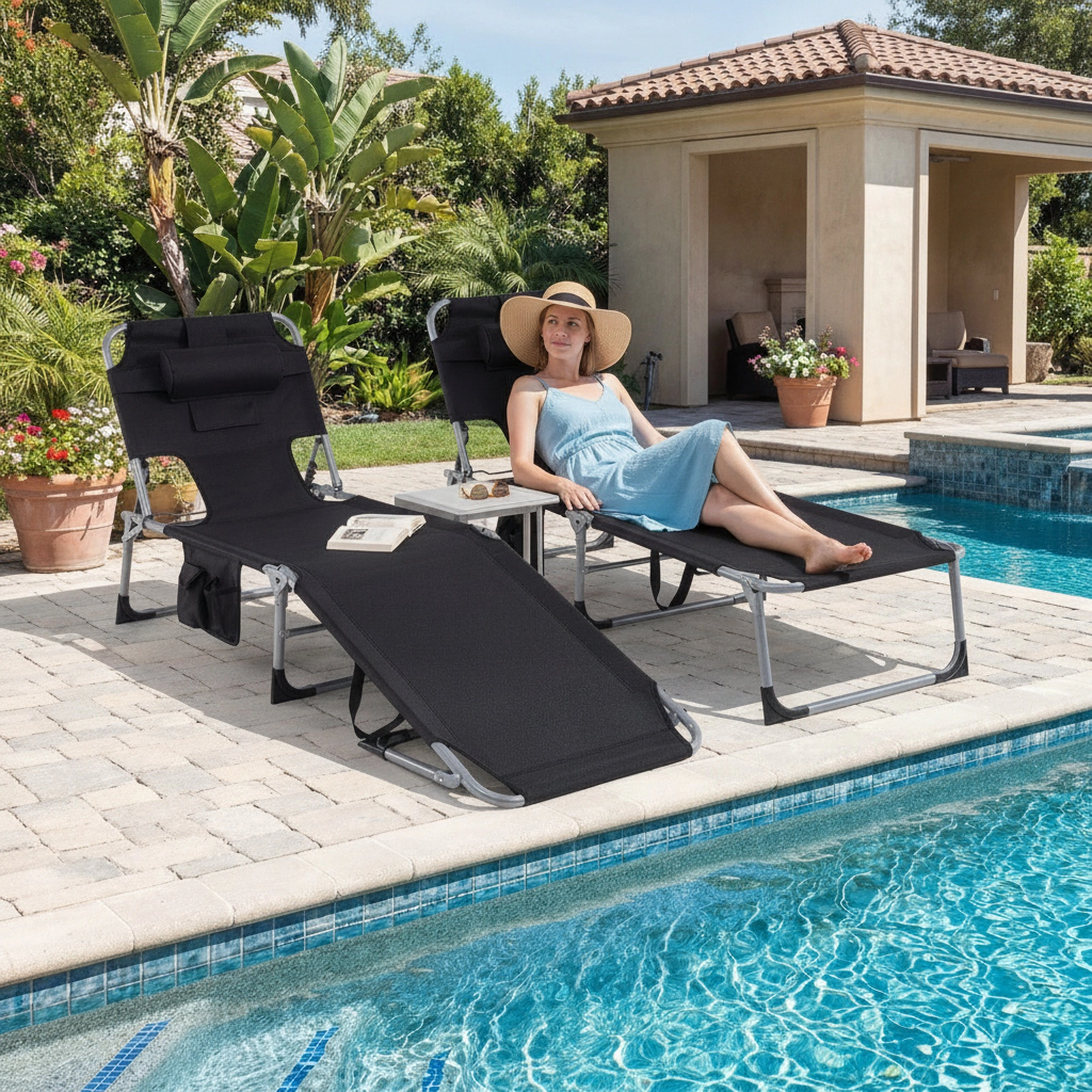 SUGIFT Set of 2 Folding Chaise Lounge Chairs, Adjustable Backrest and Footrest, Face and Arm Holes, Black