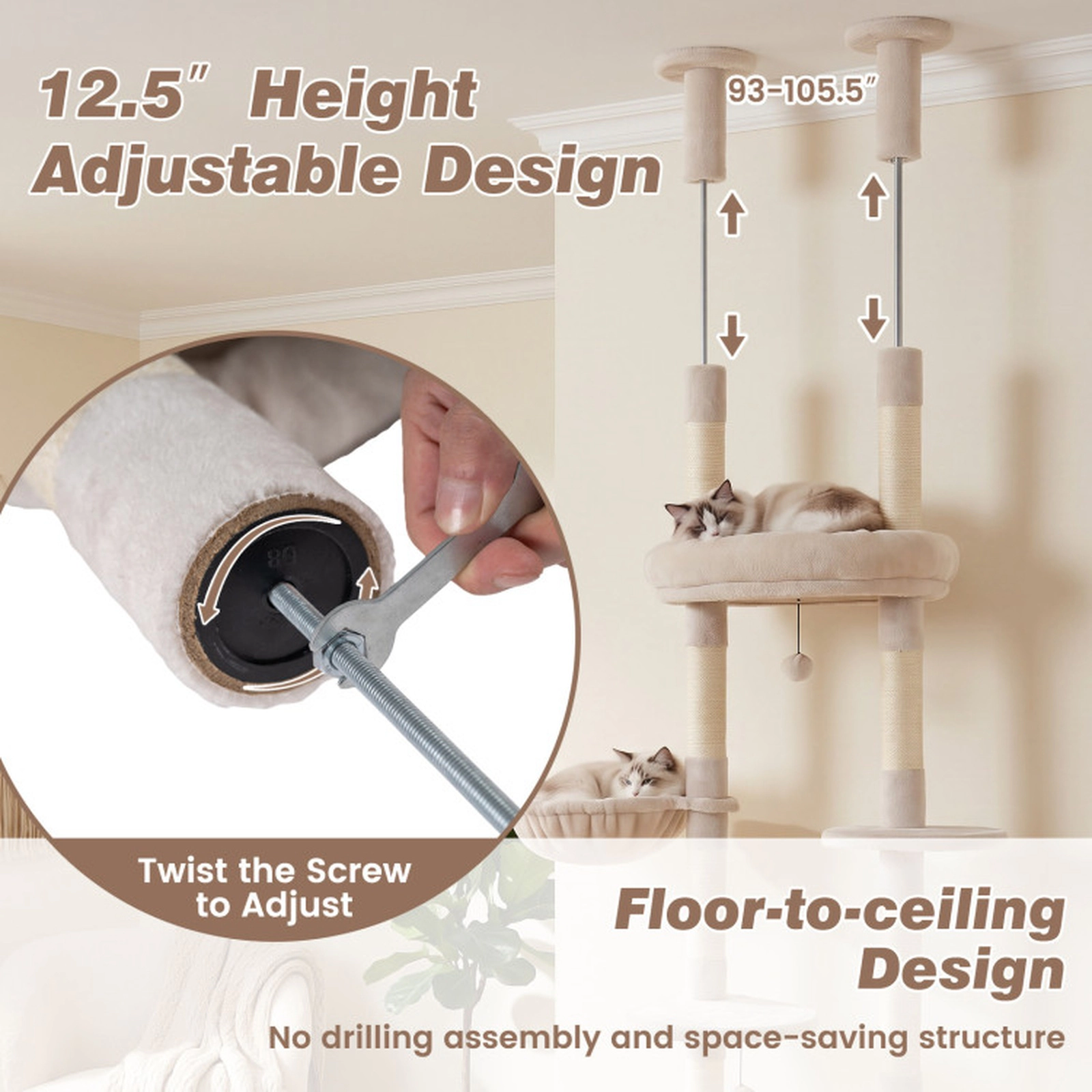 SUGIFT 6-Tier Floor to Ceiling Cat Tree Adjustable 93-in to 105.5-in with Rotating Plush Bed and Sisal Posts