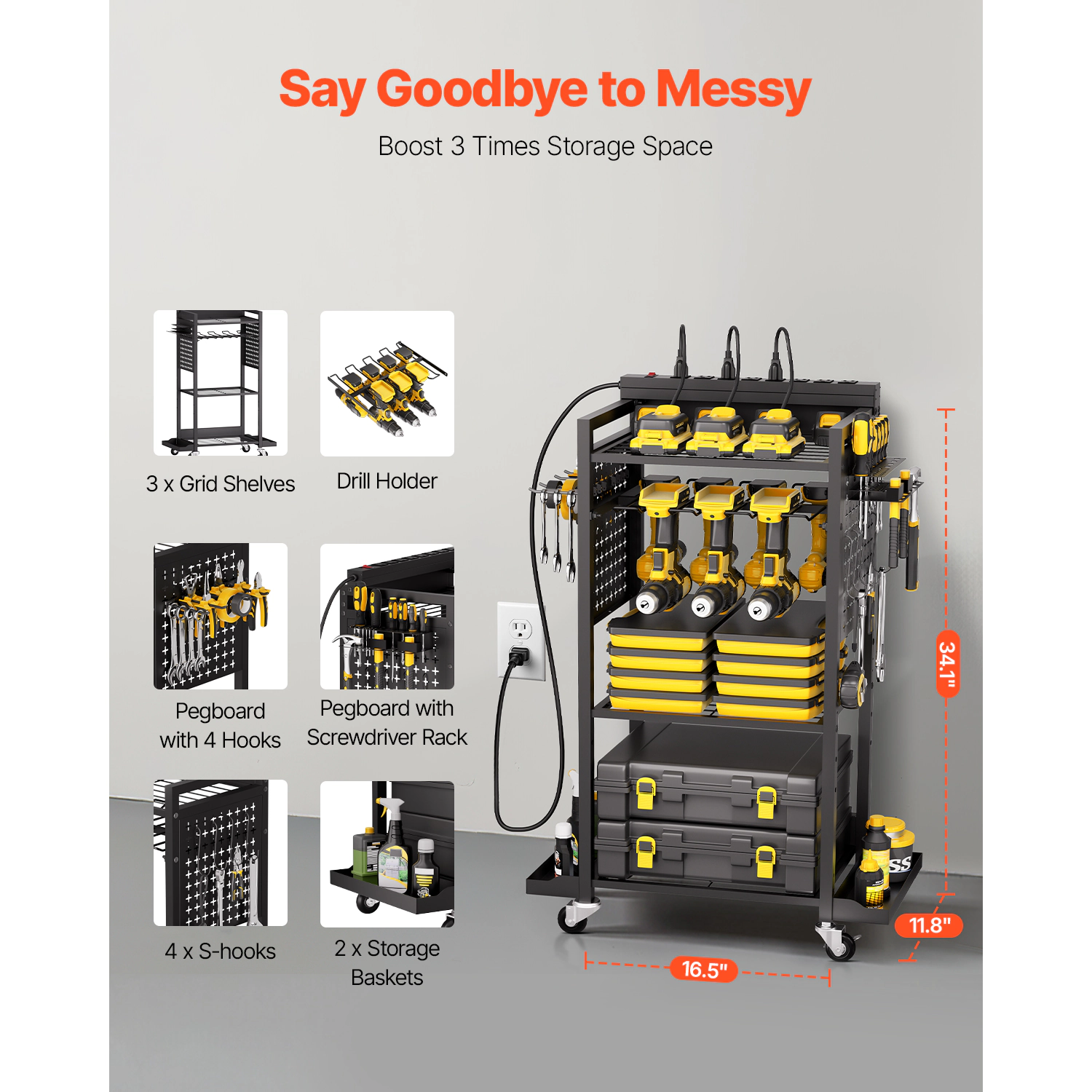 HONGGE Tool Organizer Cart with Charging Station 8 AC Outlet Floor Stand Rolling Drill Holder and Tool Battery Storage