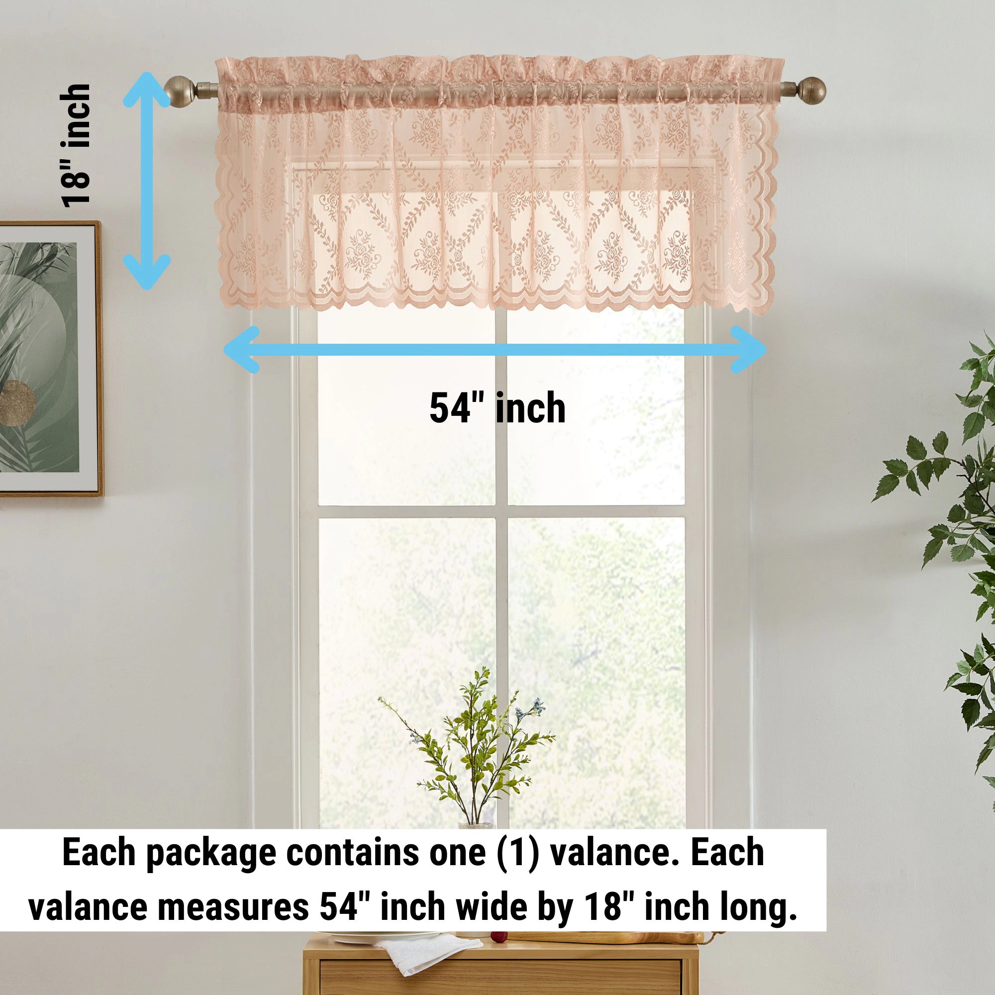 HLC.ME Isabella Floral Rod Pocket Lace Semi Sheer Voile Short Valance for Kitchen & Bathroom - 54 x 18 Inch Long
