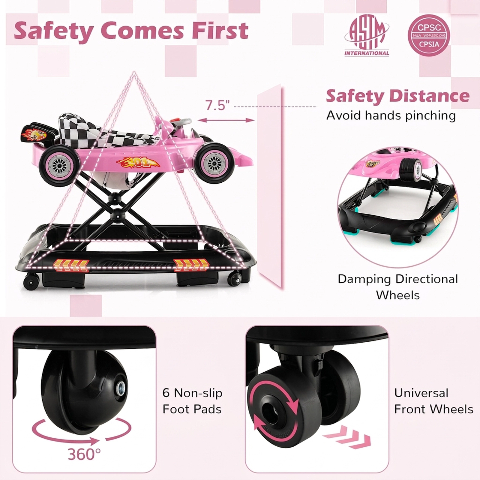 Convertible Baby Walker and Activity Center with 3 Height Settings Racing Car Music Plate and Damping Wheels Pink