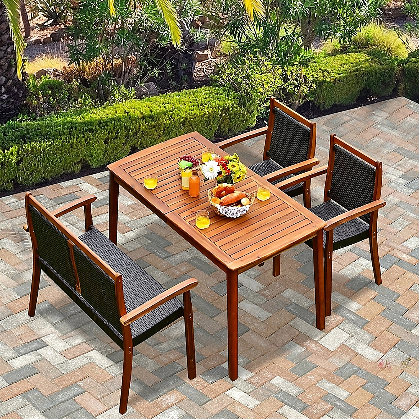 SUGIFT Loveseat and 2 Chairs 4-Piece Acacia Wood and Rattan Patio Dining Set