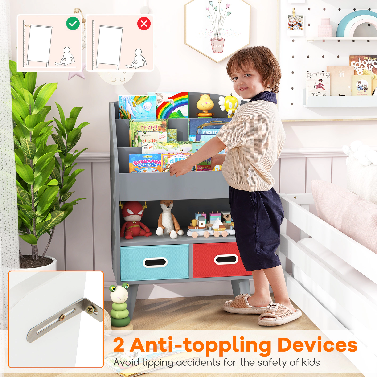 SUGIFT Gray 220-lb 3-Tier Kids Bookshelf and Toy Storage Organizer with 2 Foldable Fabric Drawers