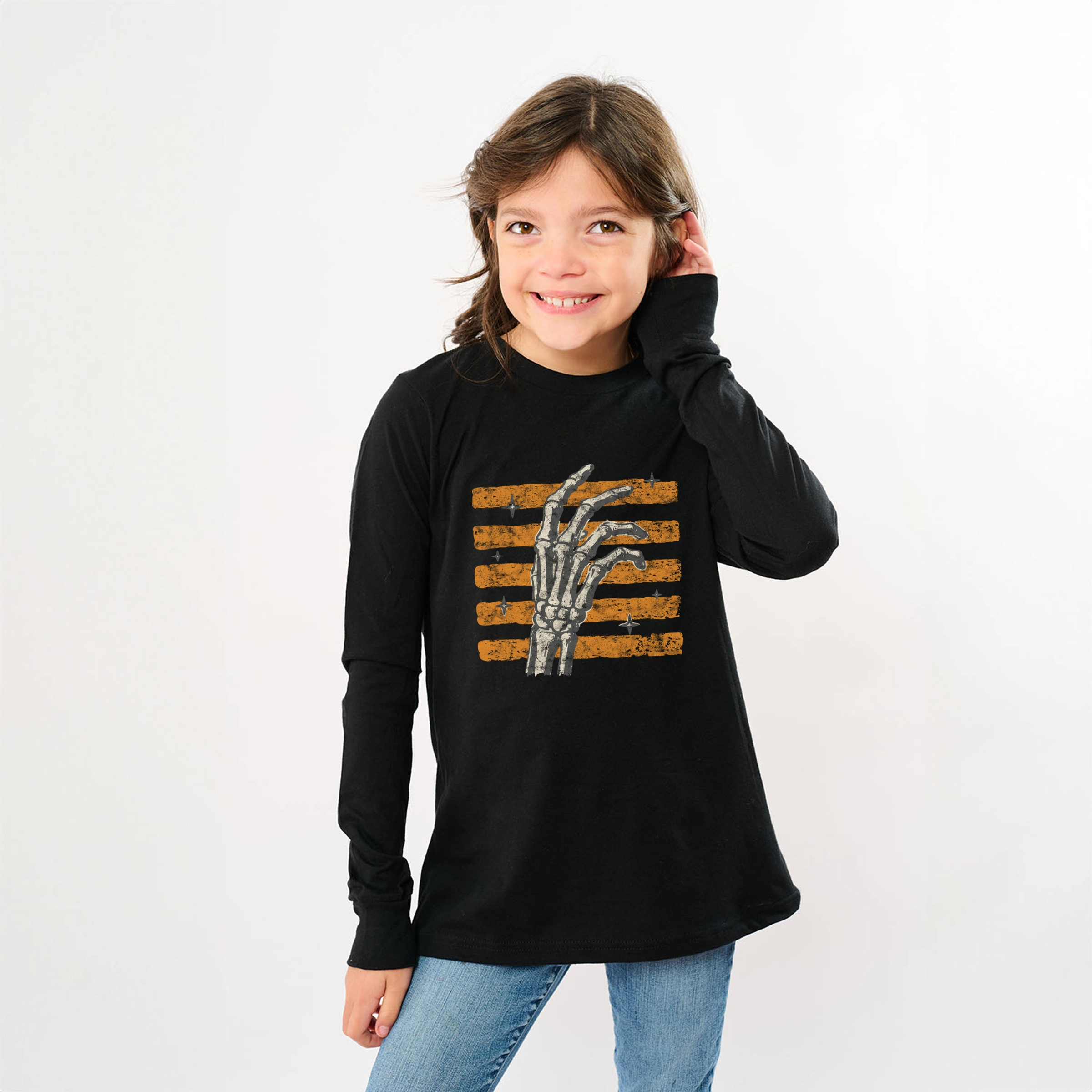 The Juniper Shop - Youth Long Sleeve Graphic T-Shirt Skeleton Hand Orange Stripes