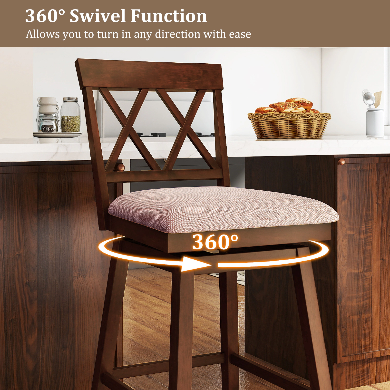 SUGIFT X-Back and Linen Upholstered Seat Cushion Set of 2 Oak 29 in Swivel Bar Stools