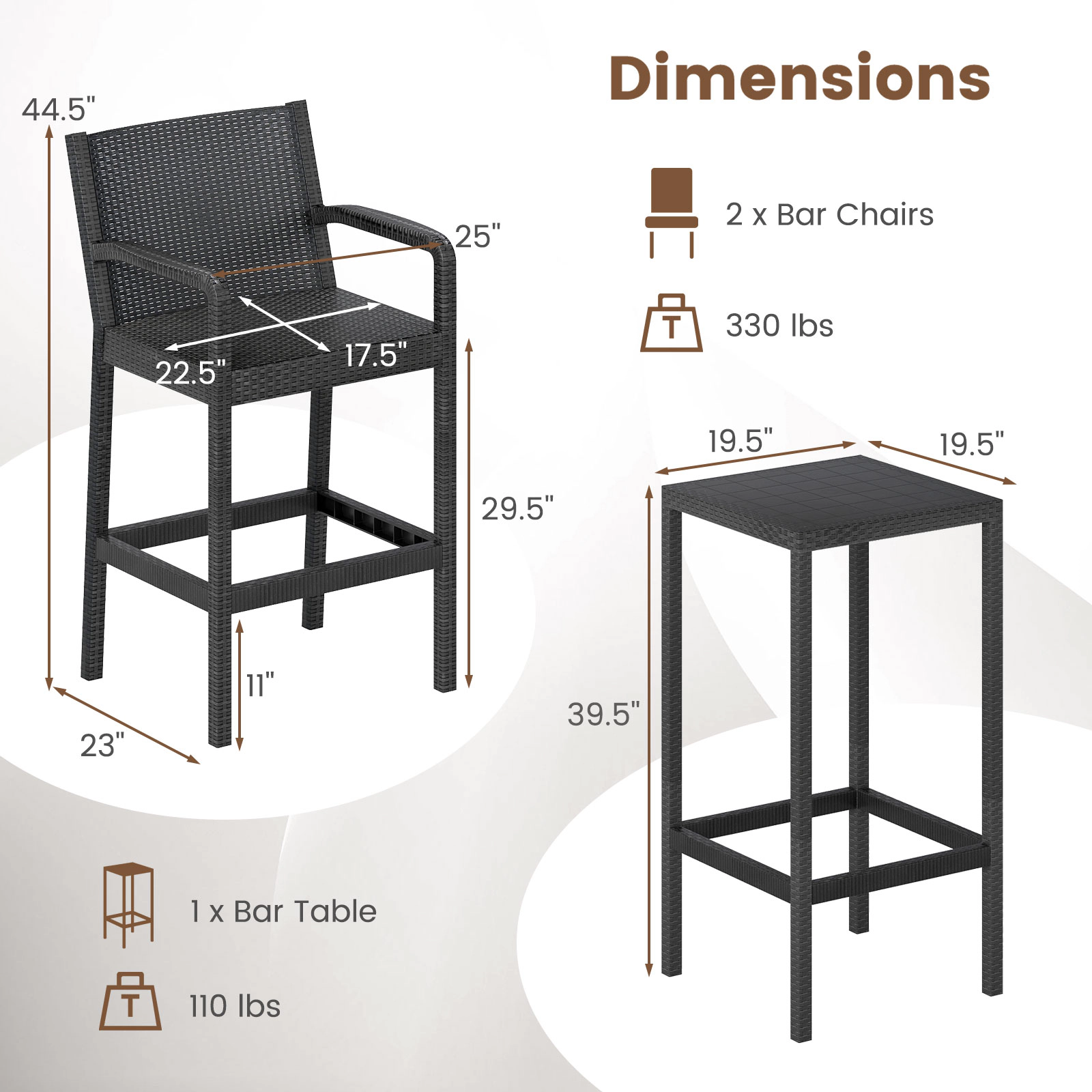 LJG 3 Pieces Patio Bar Set with 2 Stools and 1 Bar Table