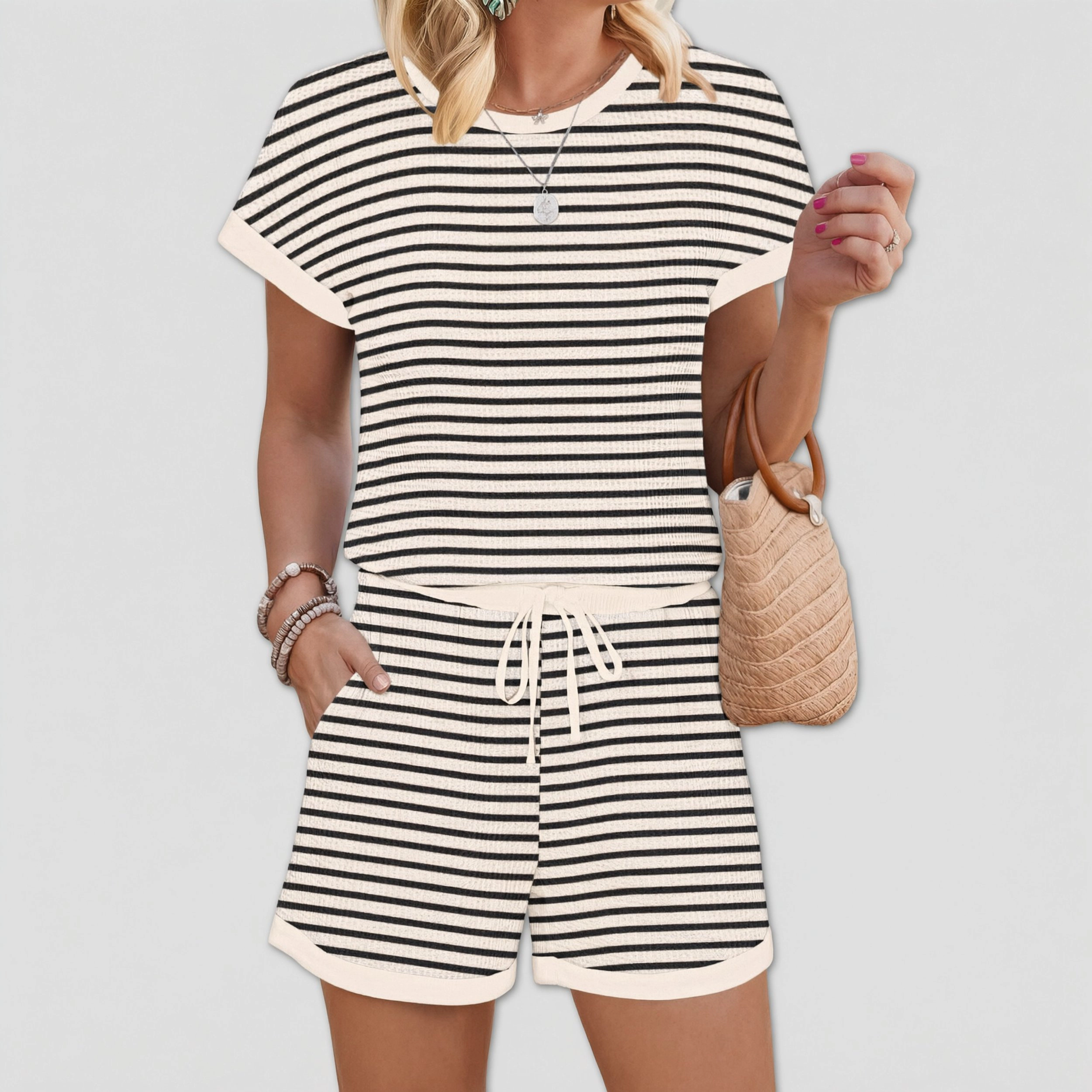 Ekouaer Women's Striped Short Sleeve Top and Shorts Two Piece Set