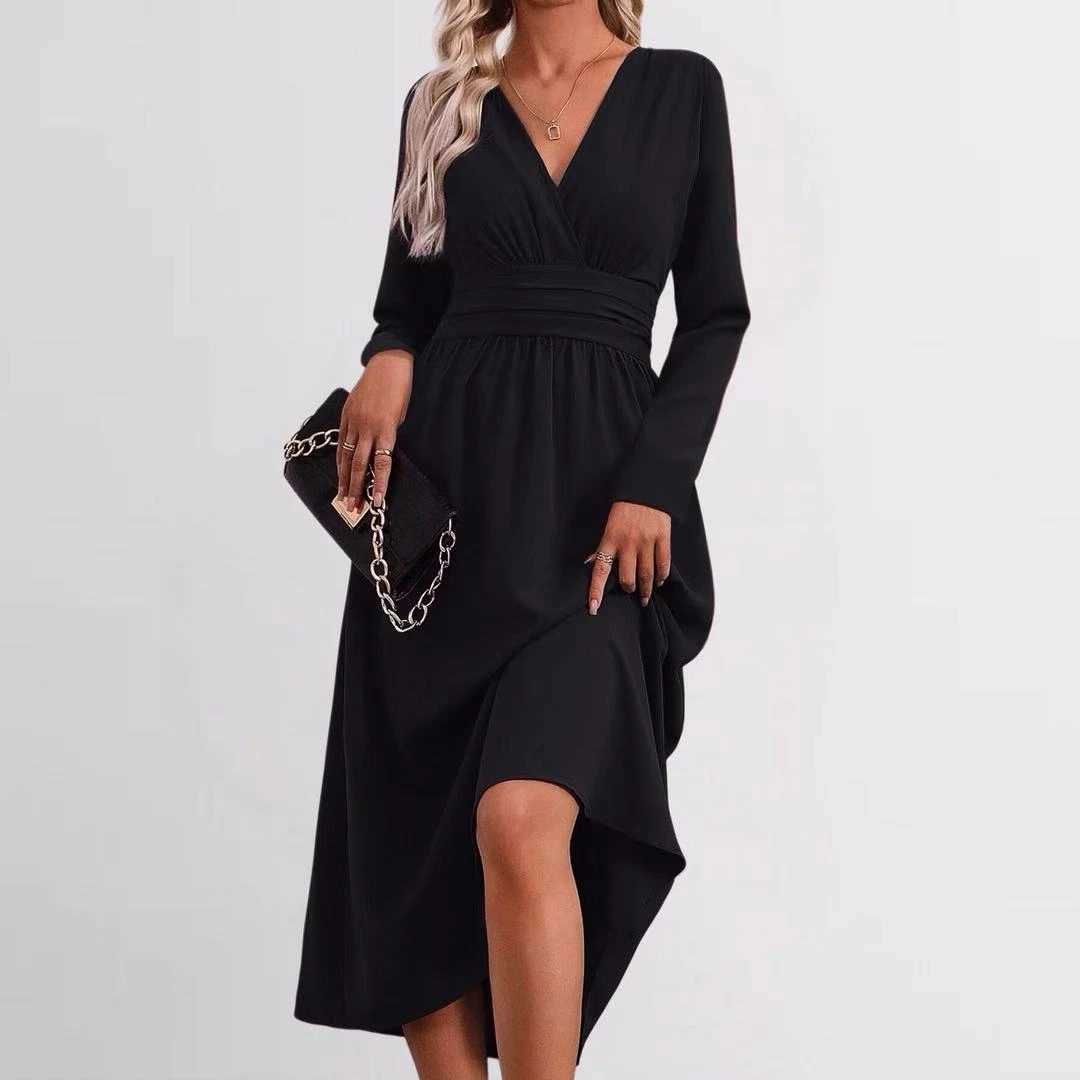 YesFashion Womens V Neck Long Sleeve Midi Dress Elegant Flowy Wedding Guest Holiday Formal Dresses