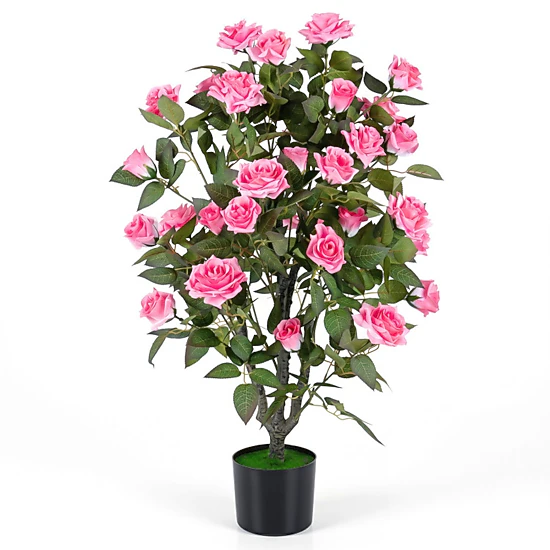 SUGIFT 35.5-in Artificial Rose Tree with Blooming Flowers and Green Leaves 32-Flower Indoor Pink & Green & Black