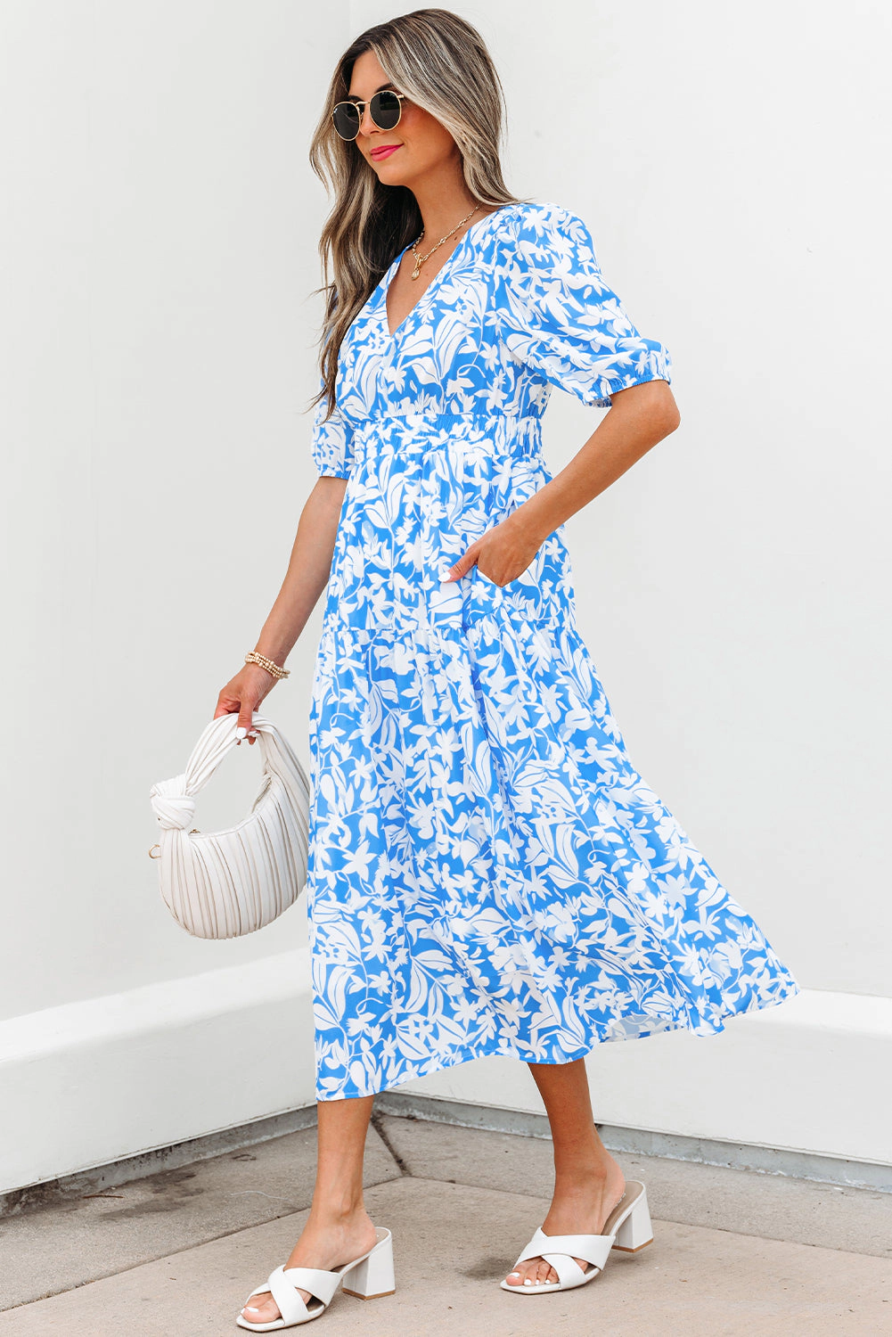 Threaded Pear Women's Shannon Floral V Neck Long Dress