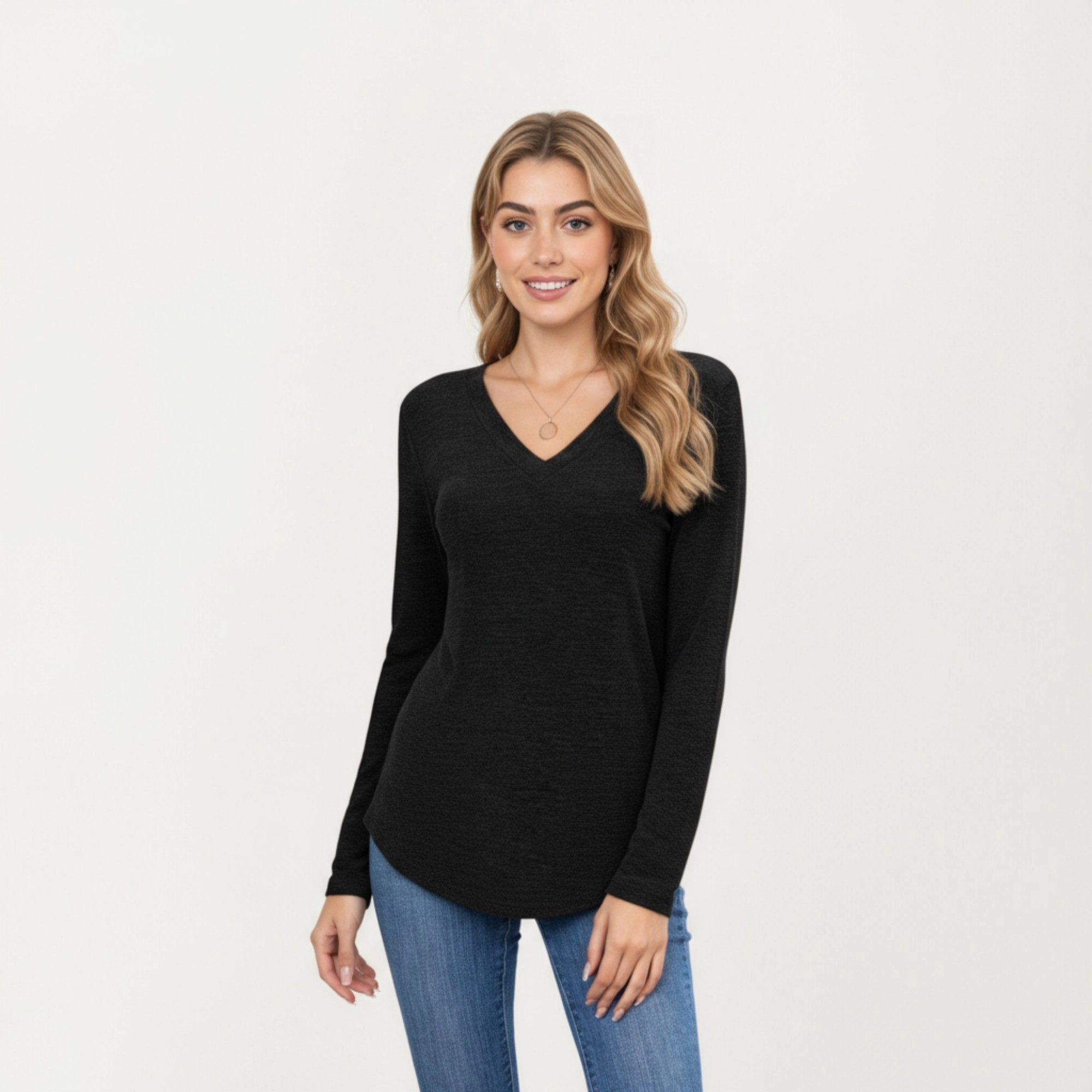 Anna-Kaci Women's V-Neck Curved Hem Relaxed Fit Long Sleeve Knit Top