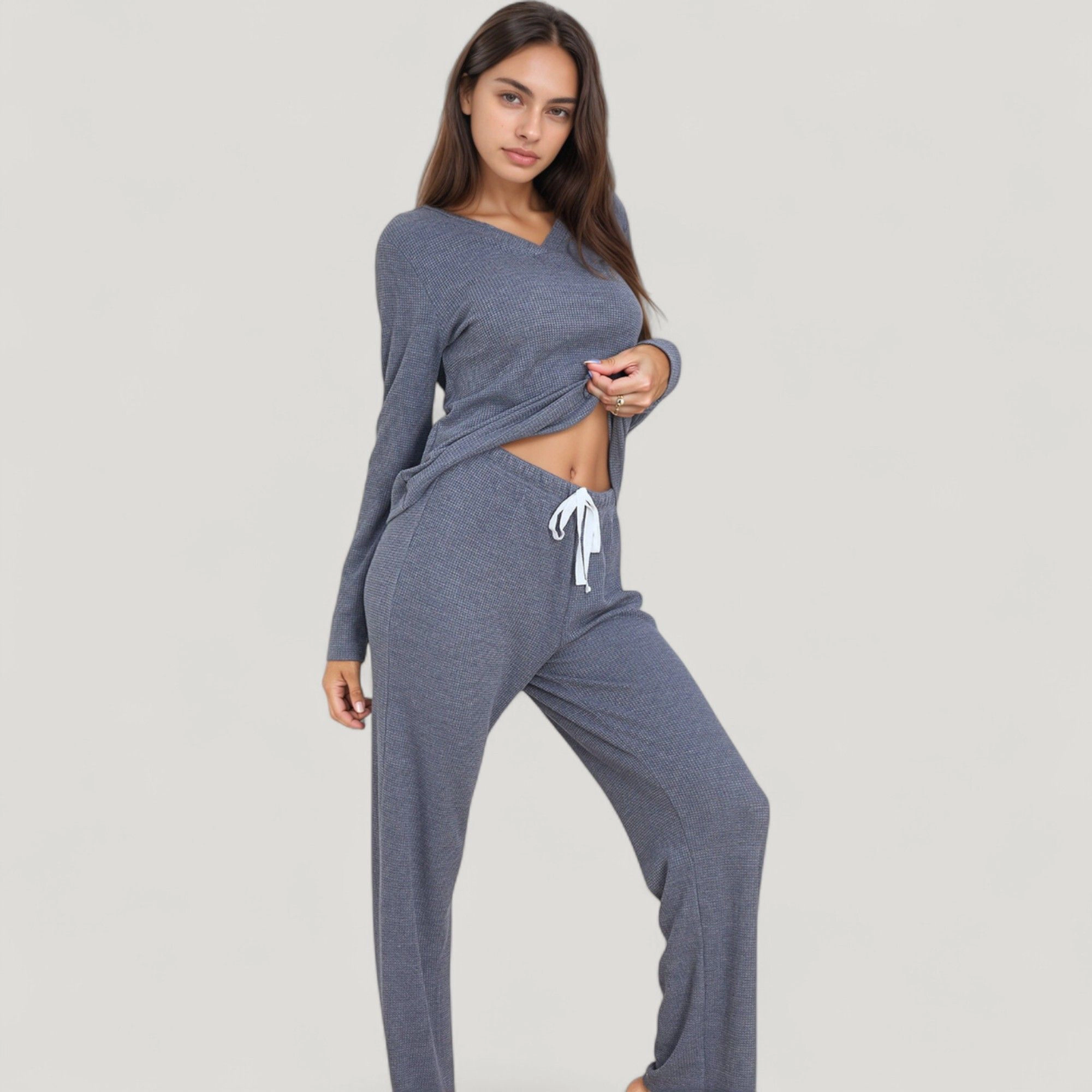 Anna-Kaci Women's V-Neck Long Sleeve Knit Top and Drawstring Waist Lounge Pants 2-Piece