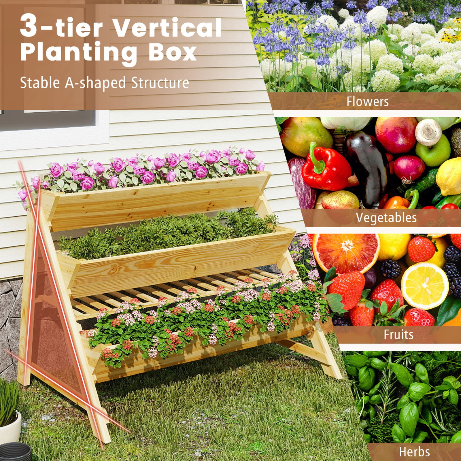 SUGIFT 3-Tier Natural Wood Vertical Raised Garden Bed with Storage Shelf 47-in W 30-in D 32-in H 100-lb Per Box