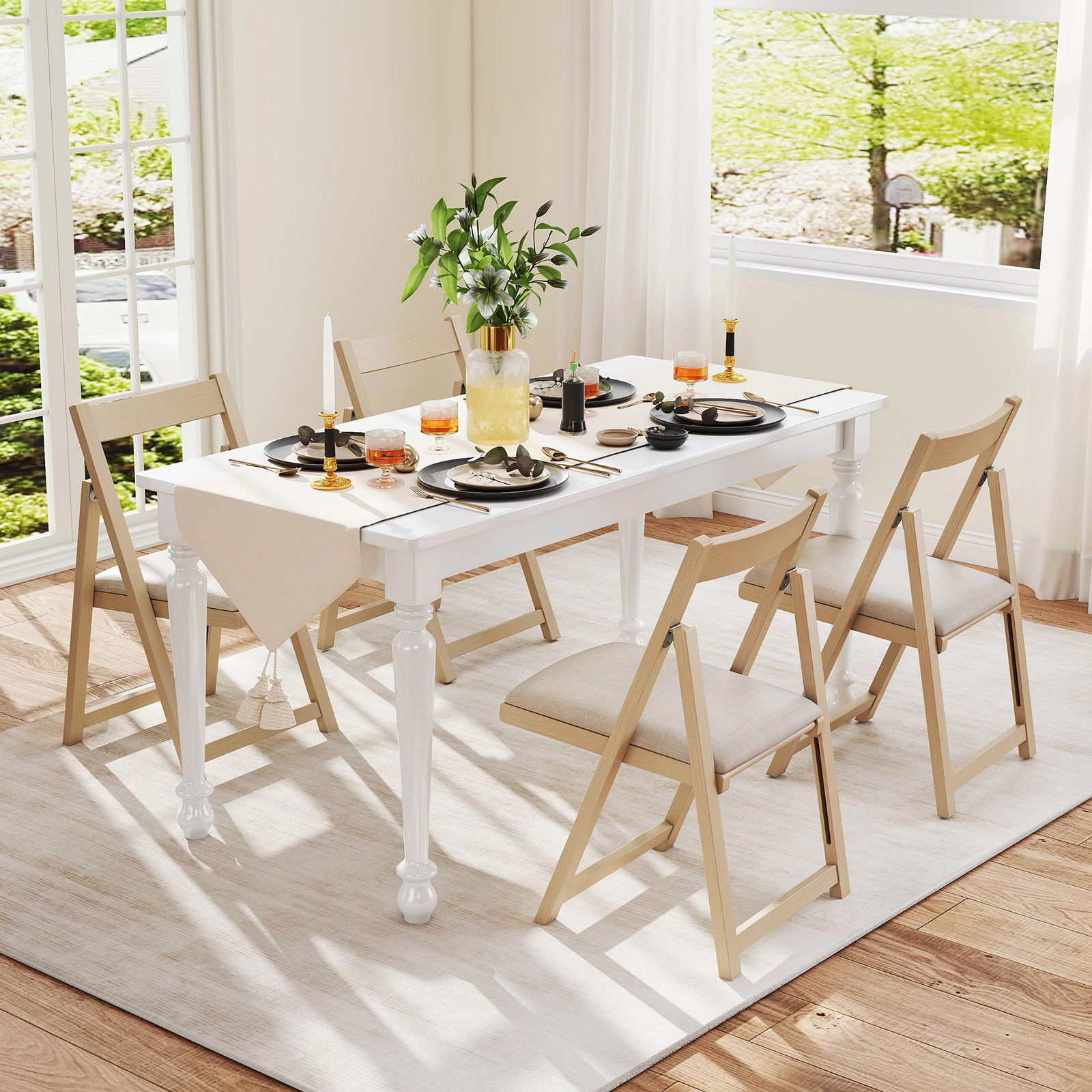 LJG Folding Upholstered Dining Chair Set of 4 with Curved Backrest