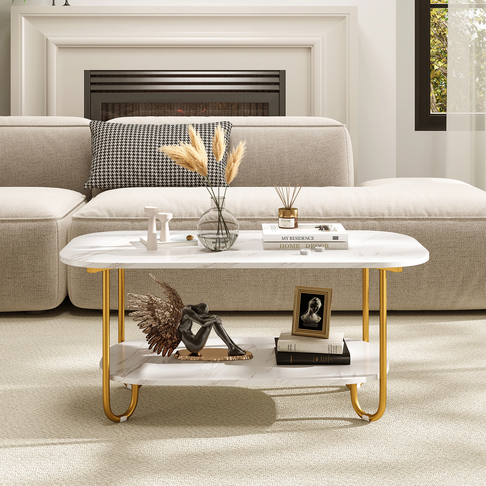 SUGIFT Modern 2-Tier Faux Marble Top Coffee Table 42-in Wide 110-lb Tabletop Capacity 66-lb Shelf Capacity White