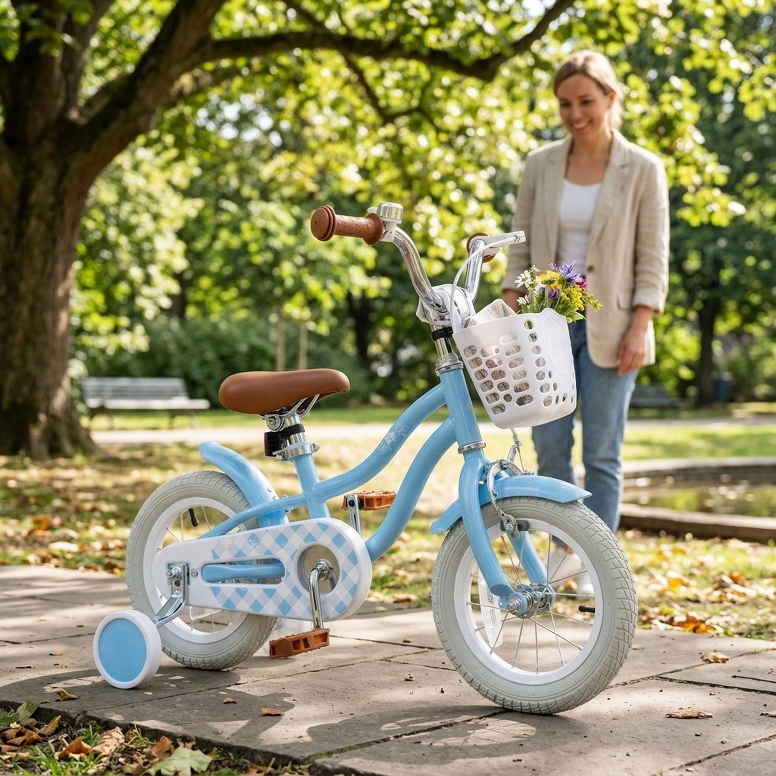 18-in Kids Bike Kickstand Removable Basket Adjustable 24-in to 28-in Saddle Training Wheels Ages 4-8 Light Blue