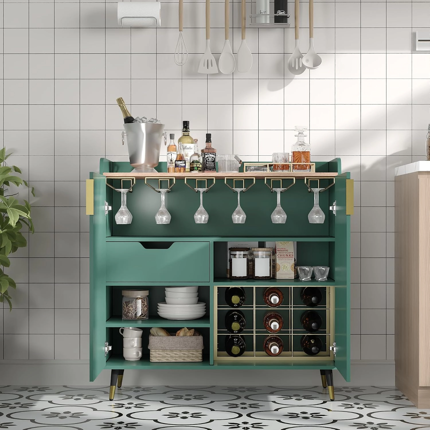 BebreezChic Modern Small Sideboard Buffet Cabinet with Fluted Doors, Wine Bar & Coffee Bar, Wine Rack