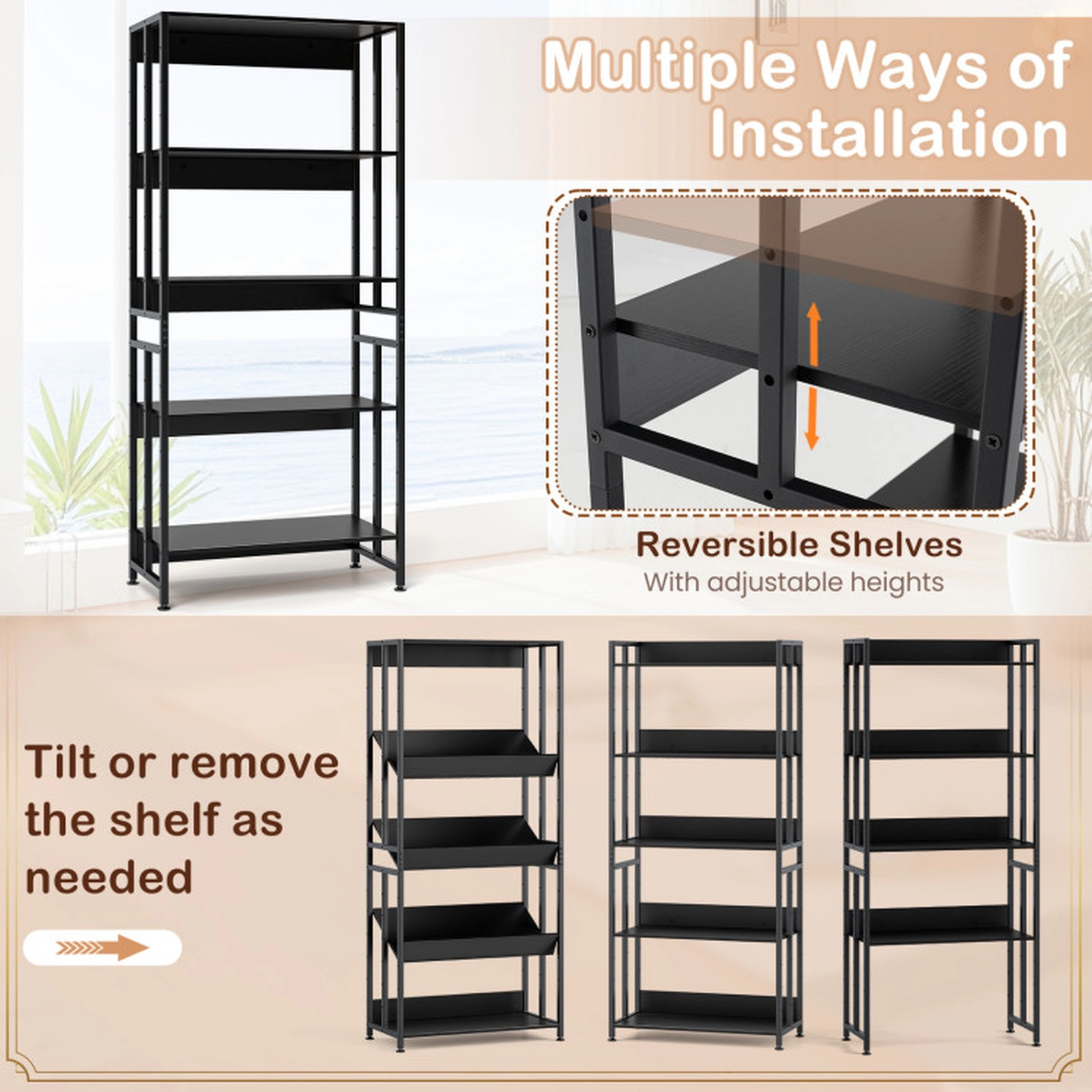 SUGIFT 5-Tier Bookshelf 62 with Reversible Tiltable and Removable Shelves