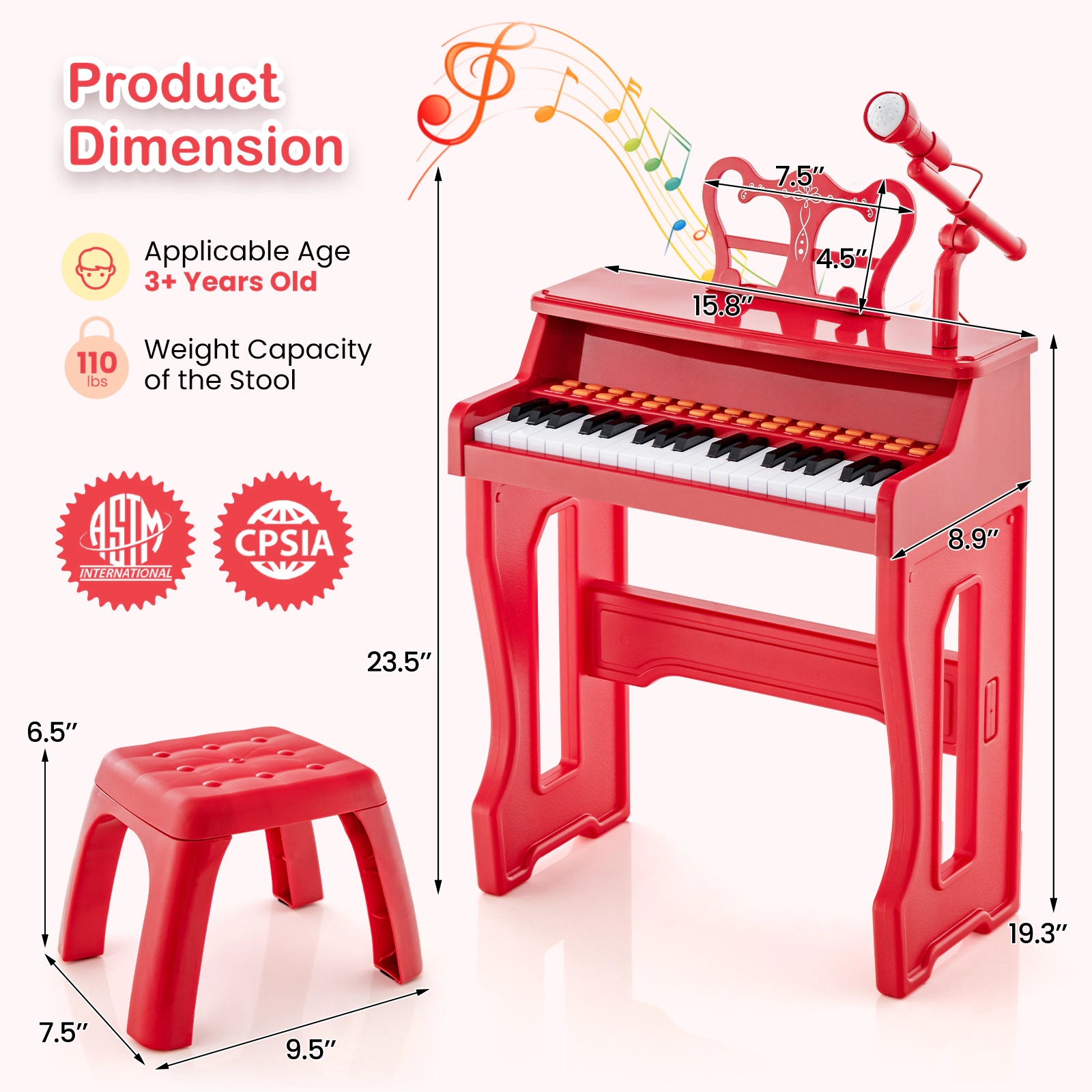 SUGIFT 37-Key Kids Piano Keyboard with Microphone and Detachable Music Stand Ages 3+ Red