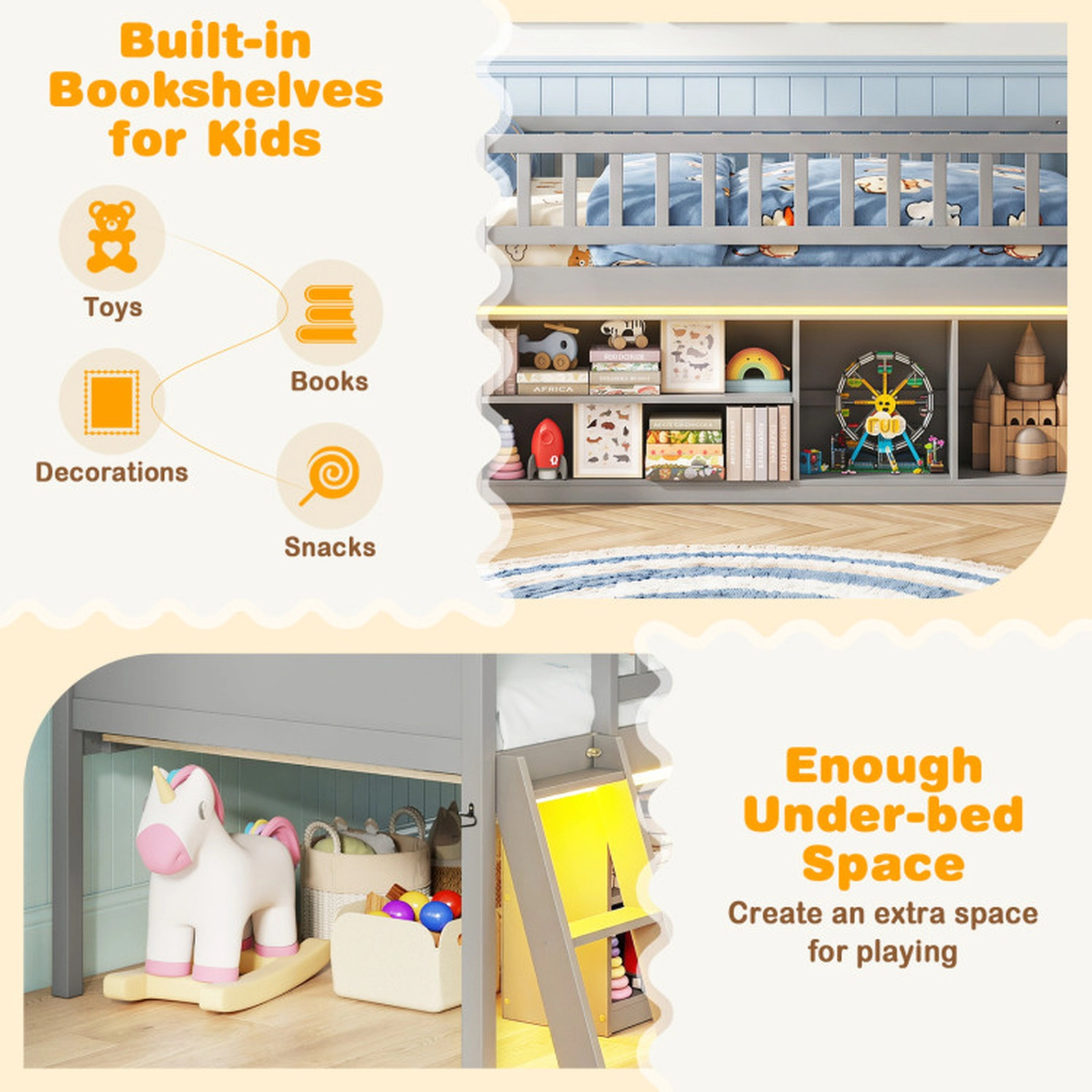 SUGIFT Twin Size Loft Toddler Bed with Adjustable LED Lights Bookshelves and Guardrails 400-lb Capacity Gray and White