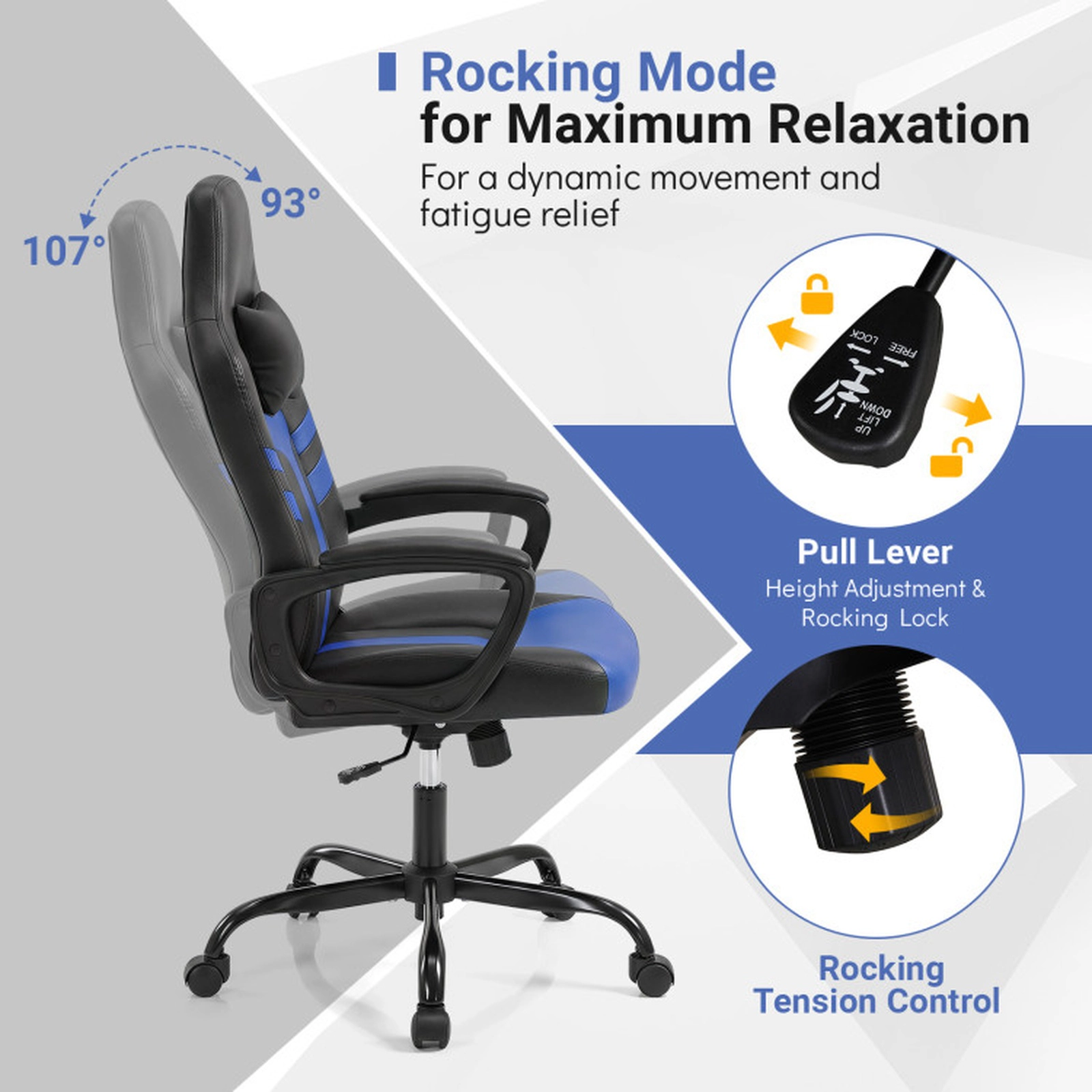 SUGIFT Blue Removable Head Pillow and Rocking Function Faux Leather Office Chair