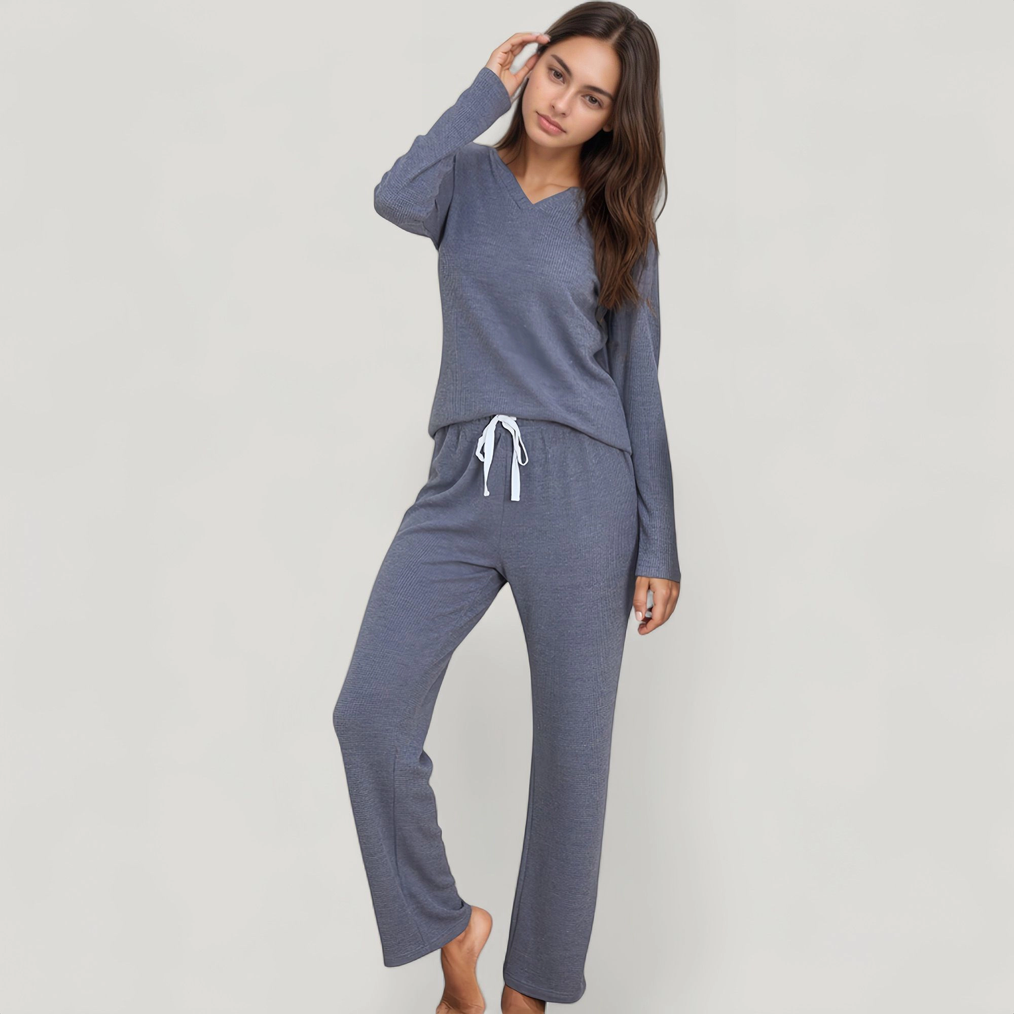 Anna-Kaci Women's V-Neck Long Sleeve Knit Top and Drawstring Waist Lounge Pants 2-Piece