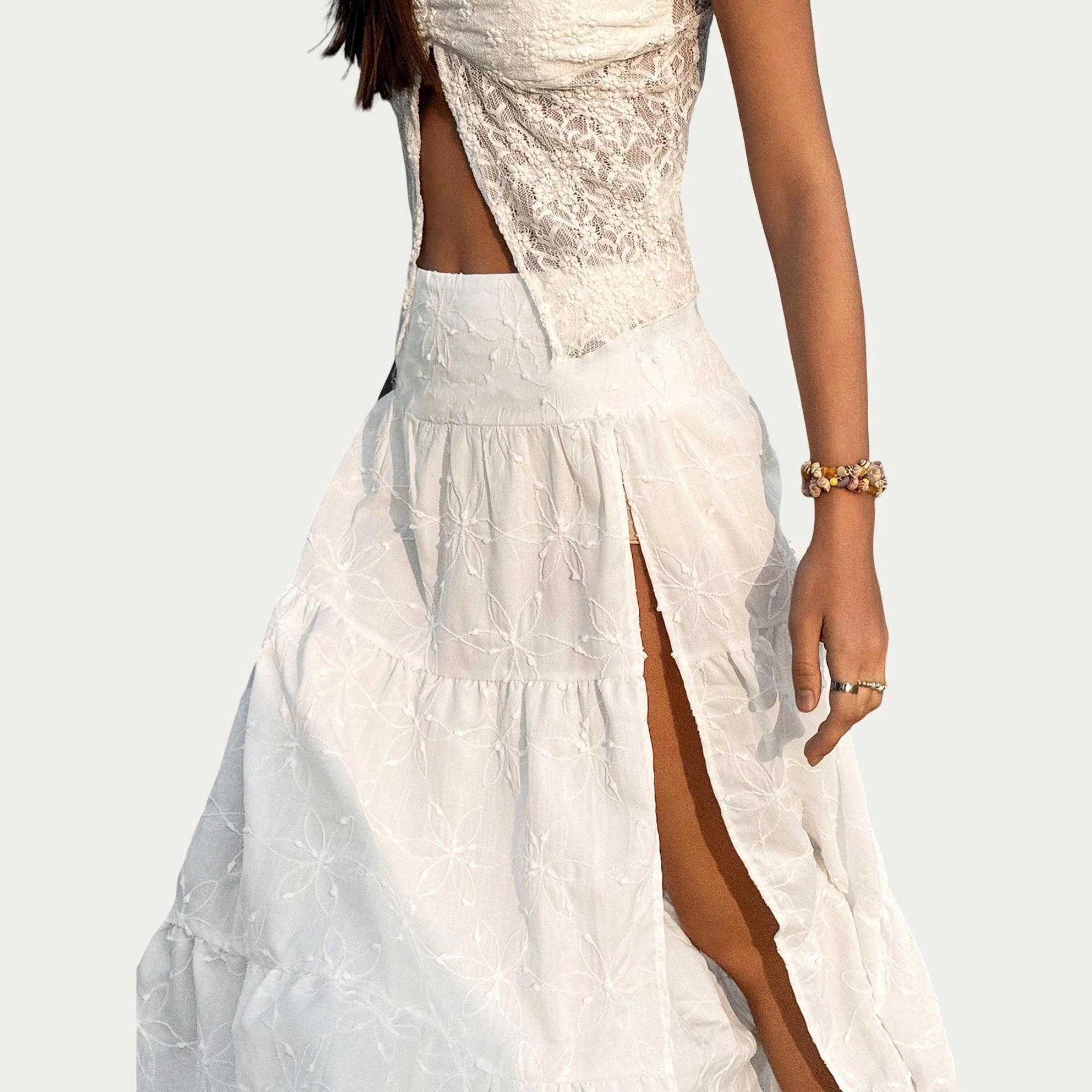 Anna-Kaci Women's Embroidered Floral Tiered Side Slit Maxi Skirt