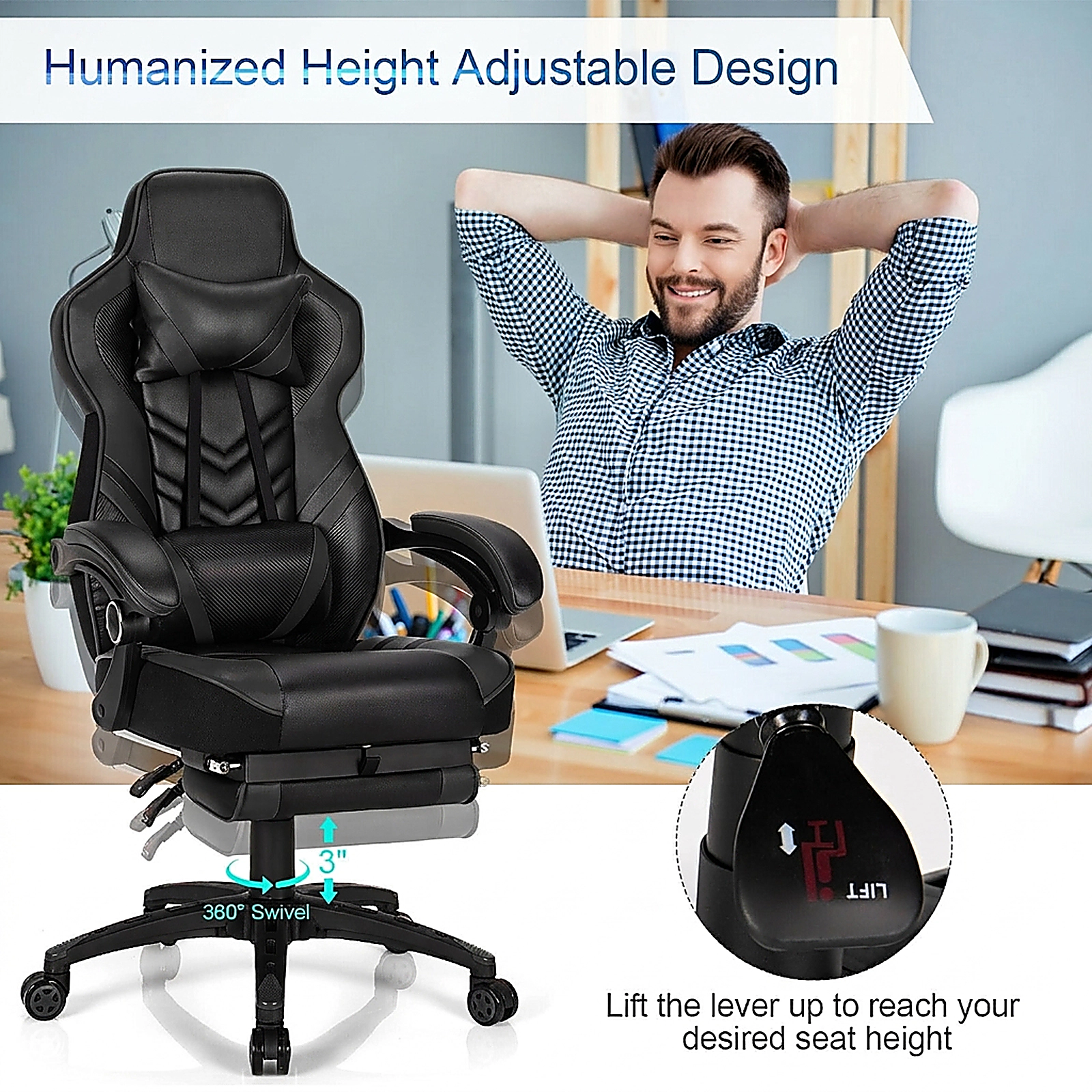 SUGIFT Black Ergonomic Reclining Gaming Chair with Retractable Footrest