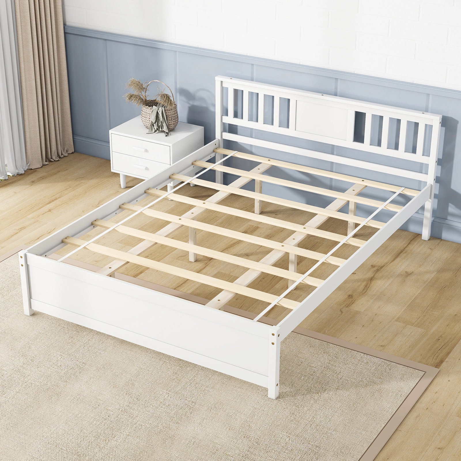 SUGIFT Queen White Wooden Platform Bed Frame with Panel Headboard and Footboard