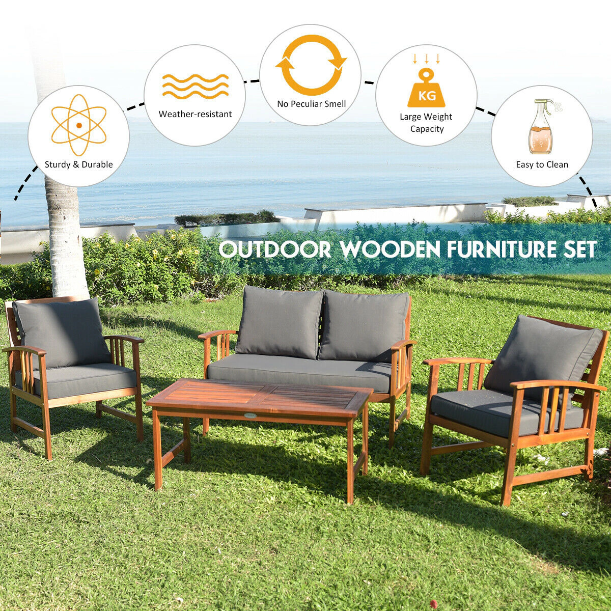 SUGIFT 4-Piece Acacia Wood Patio Furniture Set, Loveseat, 2 Chairs, Table, 7 Cushions