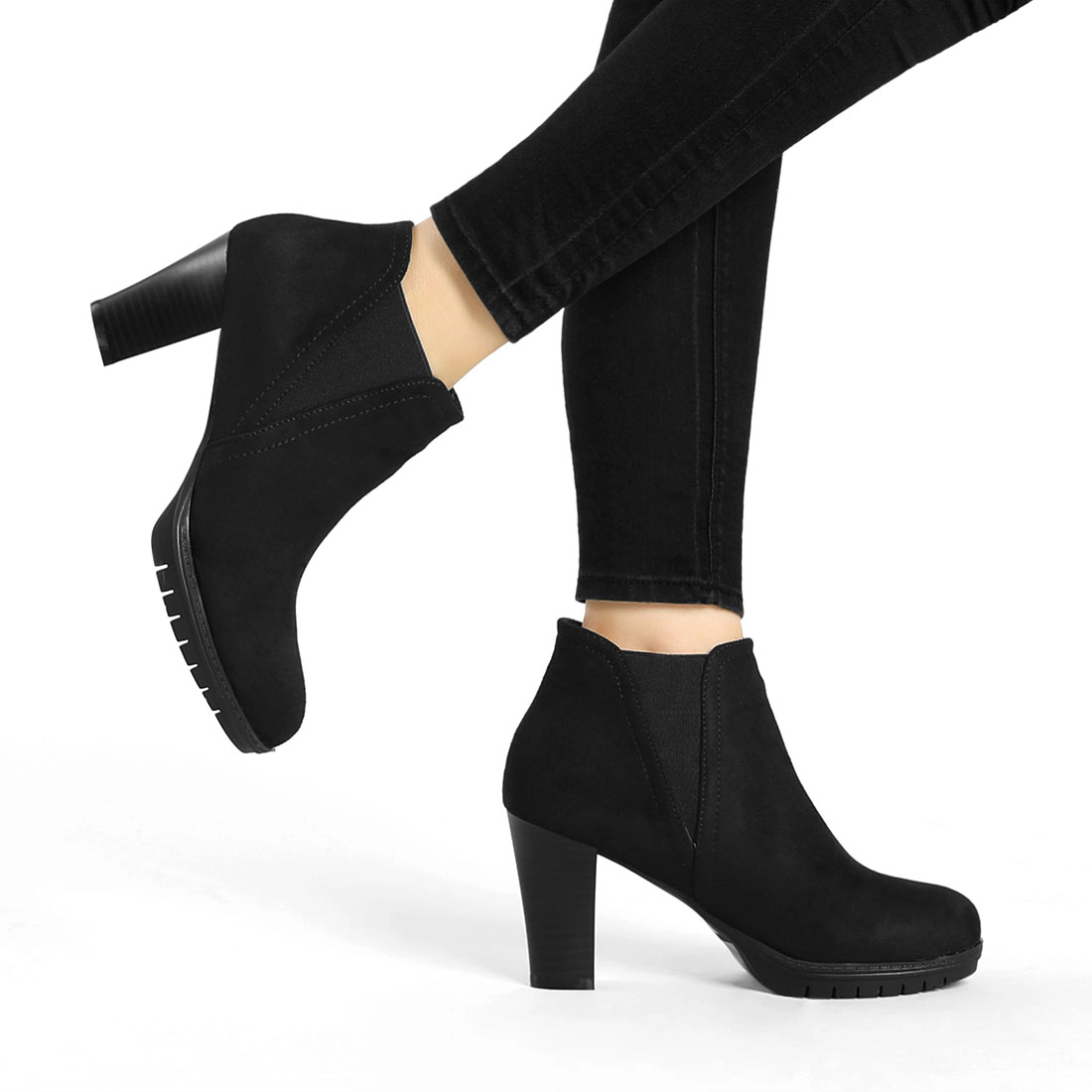 BLISSFUL STEP Women Faux Suede Round Toe Block Heels Chelsea Ankle Boots
