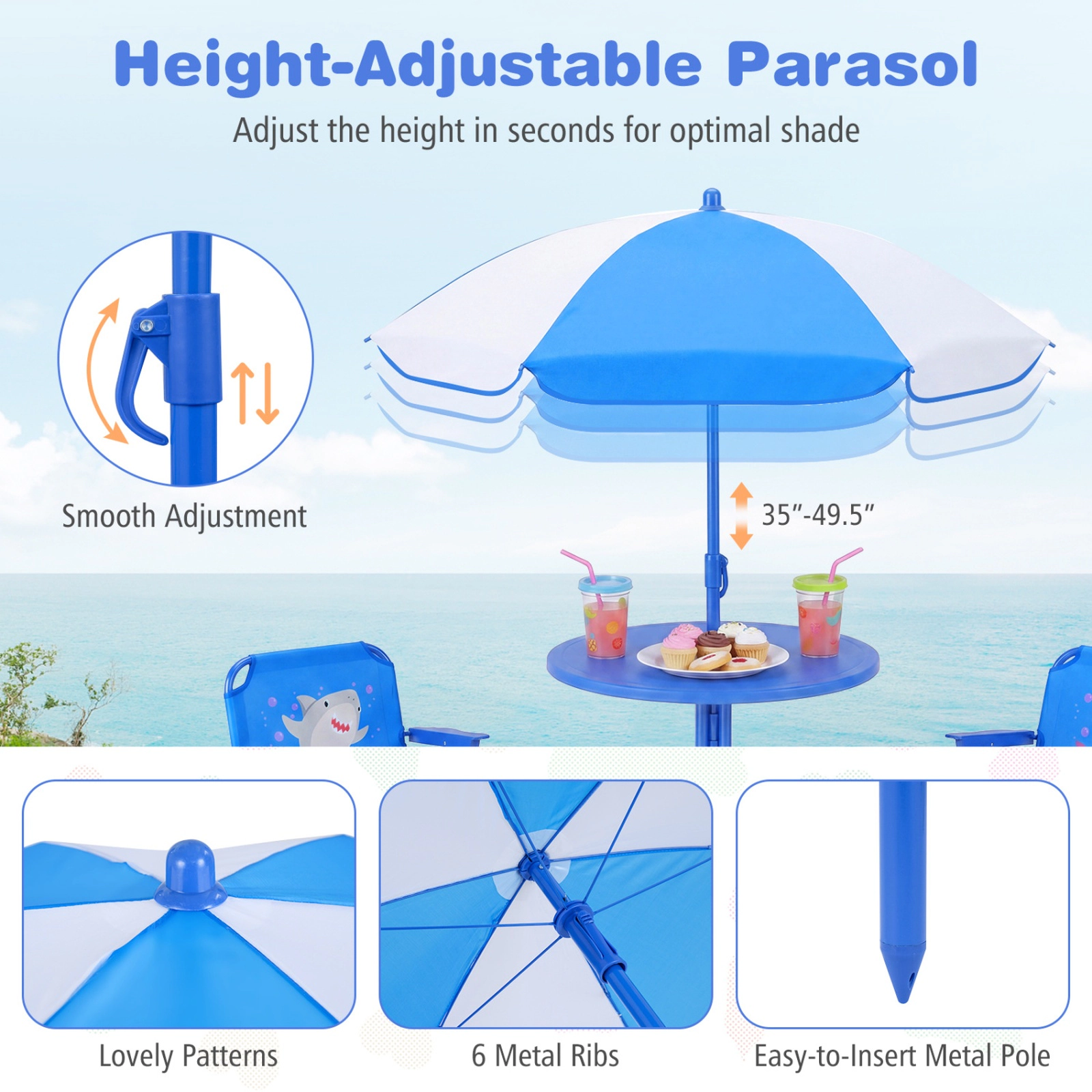 SUGIFT Kids Outdoor Table & 2 Folding Chairs Set Height Adjustable Umbrella 165-lb Chair Capacity 66-lb Table Capacity