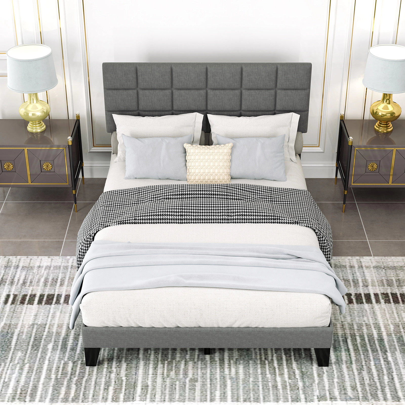 LJG Modern Linen Bed Frame with Adjustable Headboard